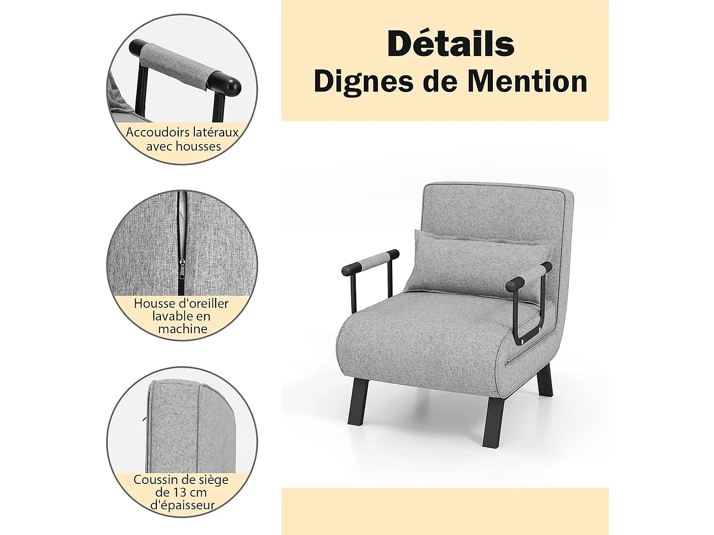 Fauteuil Convertible 1 Place, Chauffeuse 4-en-1 Dossier Réglable 6 Position, Oreiller, Siège Rembourré, Accoudoirs, Cadre Métal, Canapé-Lit Pliant, Gris clair