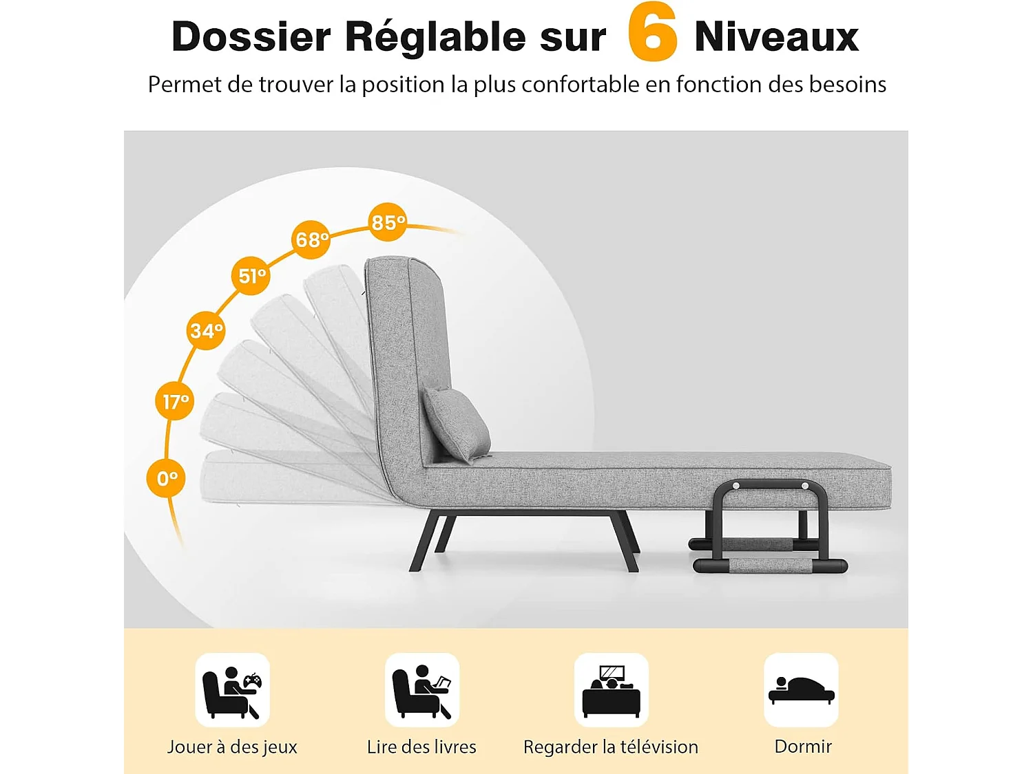 1-zits converteerbare fauteuil, 4-in-1 stoel bij de haard, in 6 standen verstelbare rugleuning, kussen, gewatteerde zitting, armleuningen, metalen frame, opklapbare slaapbank, lichtgrijs