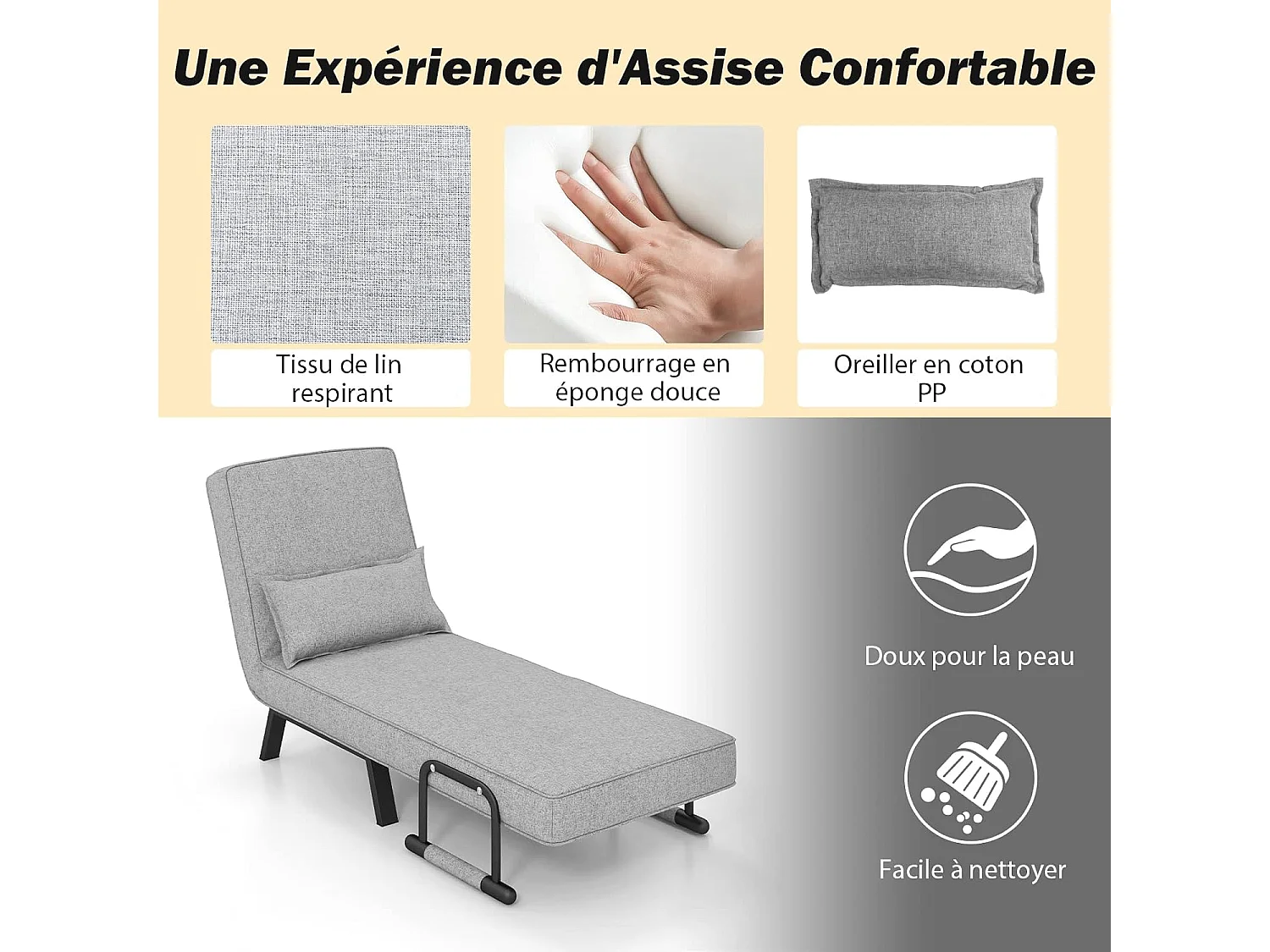 1-zits converteerbare fauteuil, 4-in-1 stoel bij de haard, in 6 standen verstelbare rugleuning, kussen, gewatteerde zitting, armleuningen, metalen frame, opklapbare slaapbank, lichtgrijs