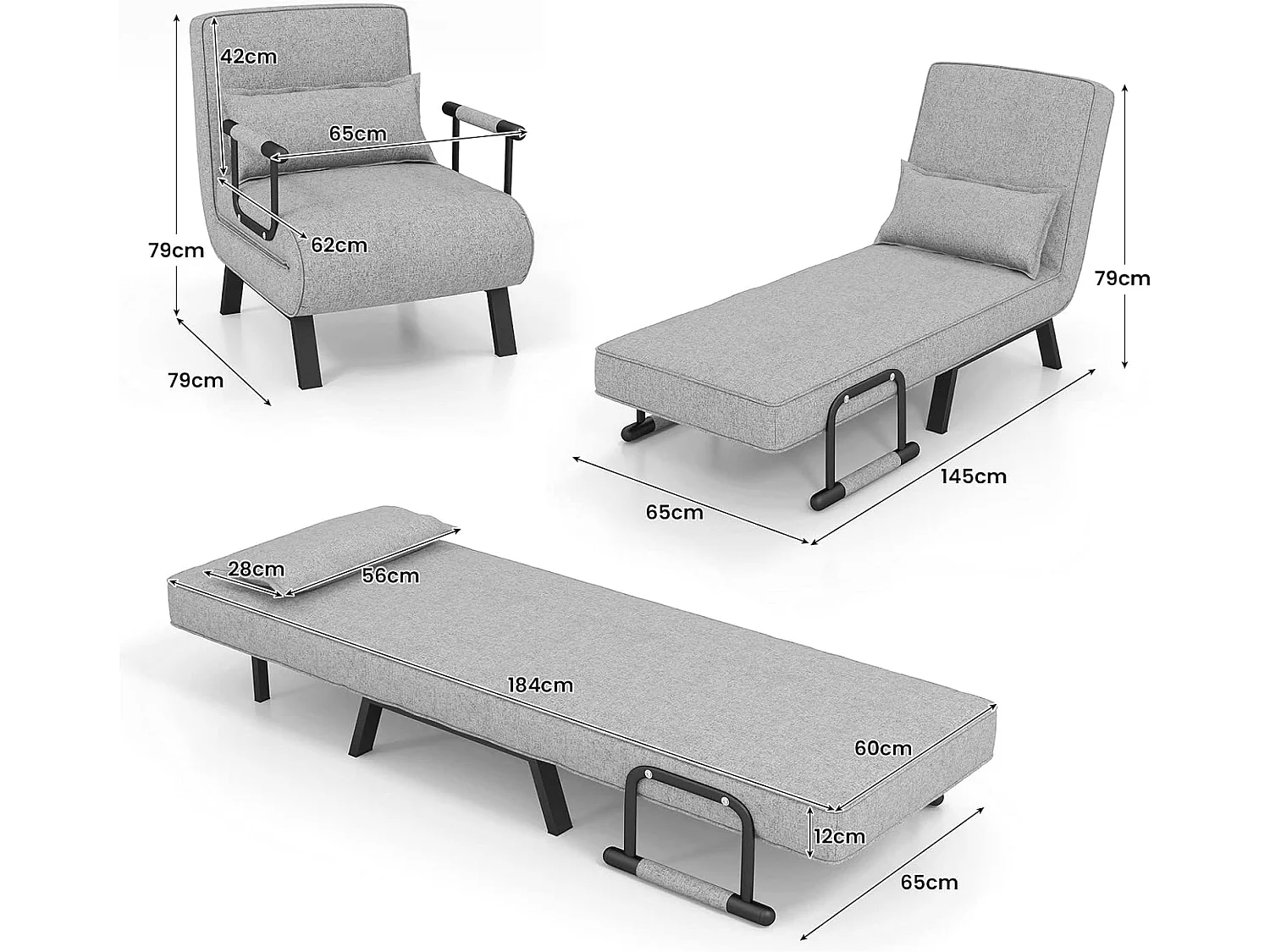 1-zits converteerbare fauteuil, 4-in-1 stoel bij de haard, in 6 standen verstelbare rugleuning, kussen, gewatteerde zitting, armleuningen, metalen frame, opklapbare slaapbank, lichtgrijs