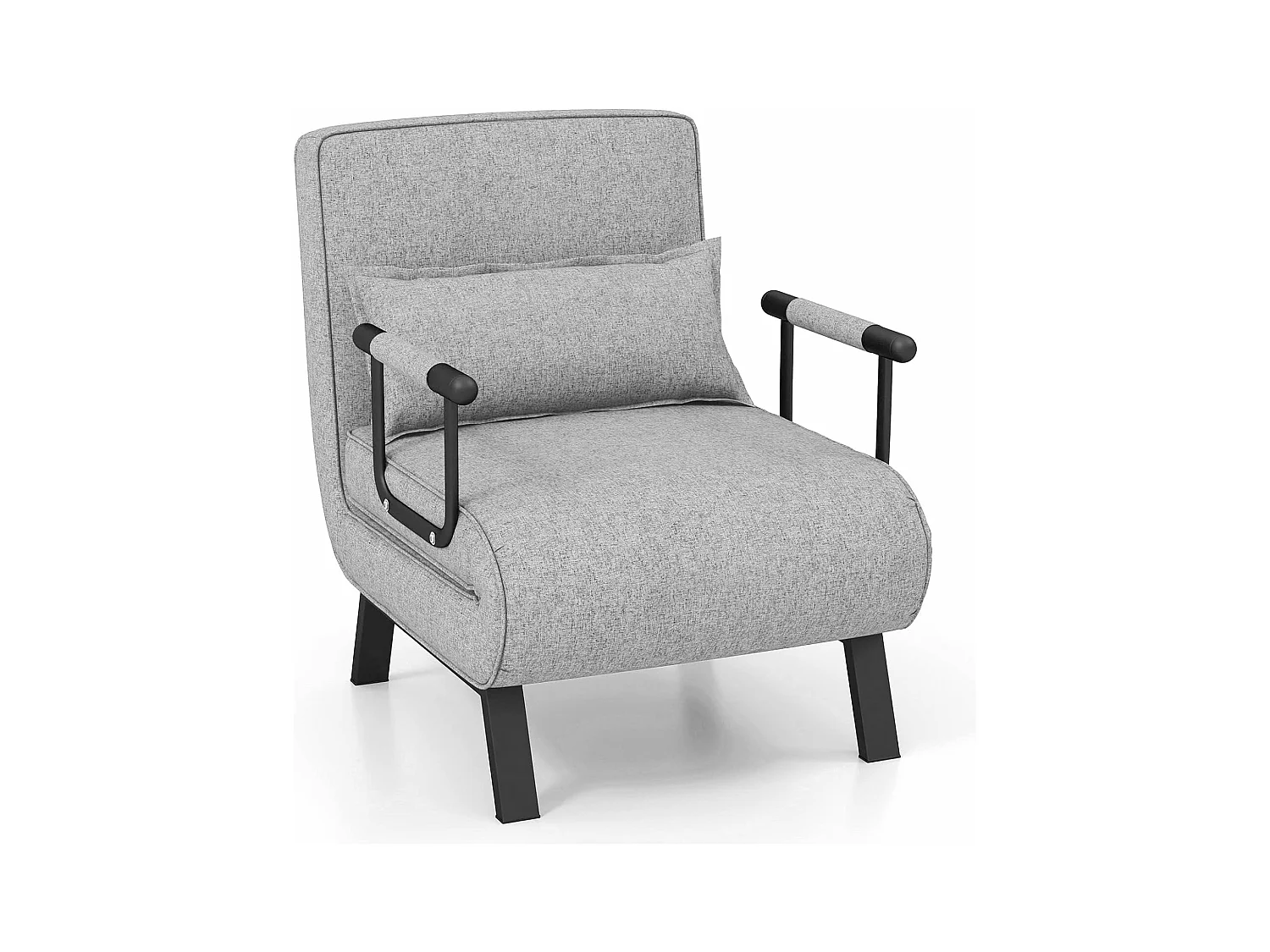 Fauteuil Convertible 1 Place, Chauffeuse 4-en-1 Dossier Réglable 6 Position, Oreiller, Siège Rembourré, Accoudoirs, Cadre Métal, Canapé-Lit Pliant, Gris clair