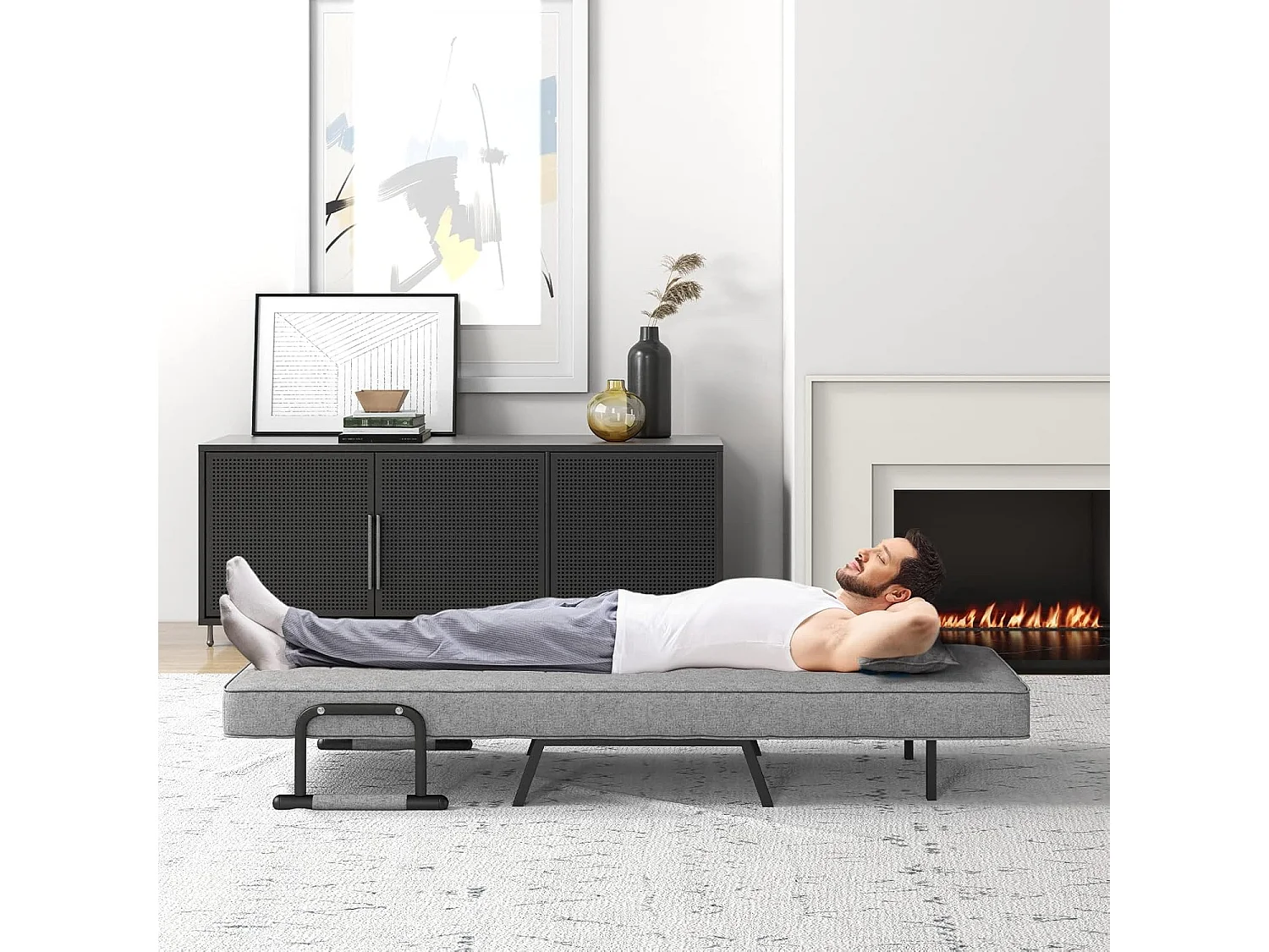 1-zits converteerbare fauteuil, 4-in-1 stoel bij de haard, in 6 standen verstelbare rugleuning, kussen, gewatteerde zitting, armleuningen, metalen frame, opklapbare slaapbank, lichtgrijs