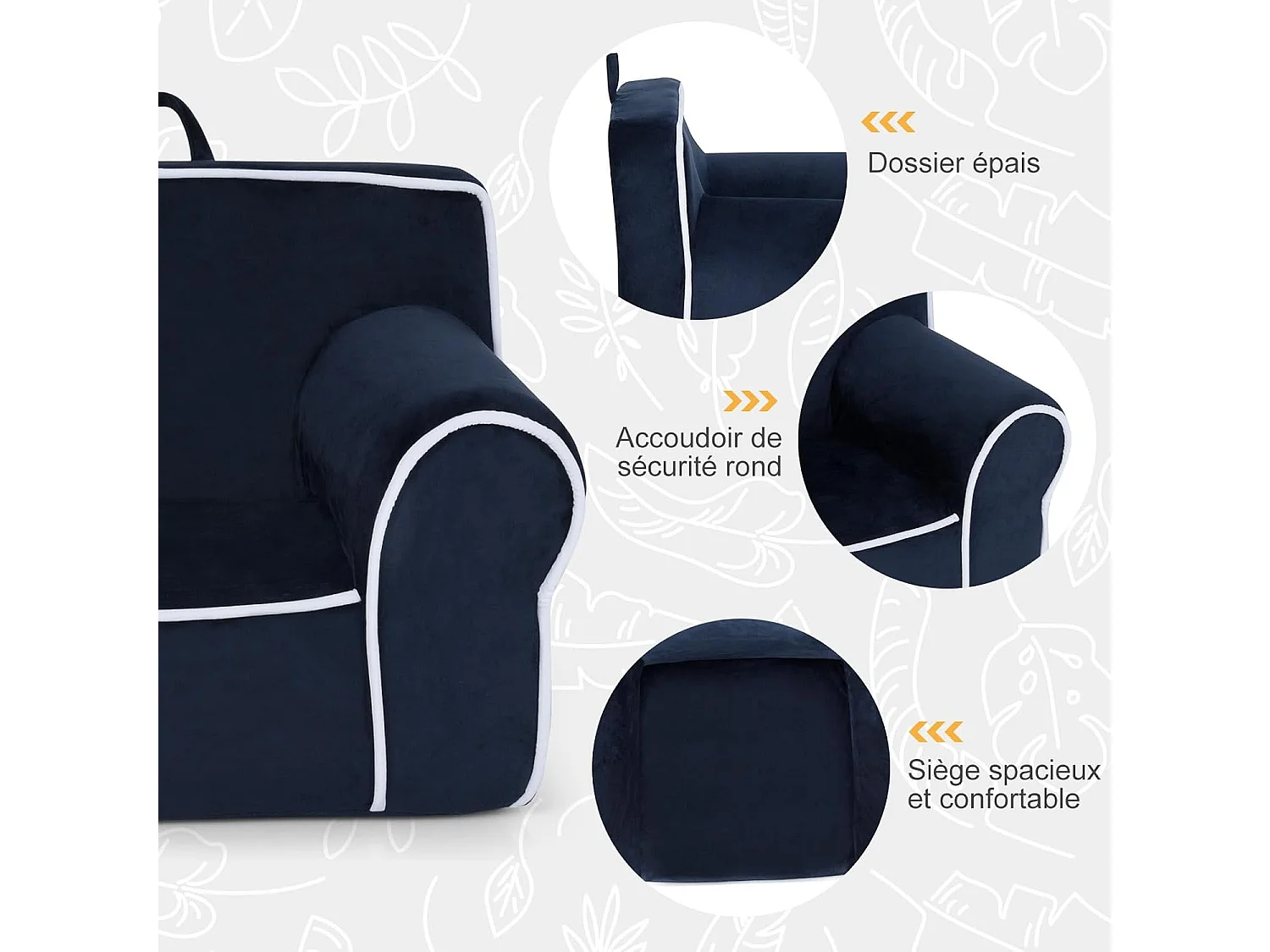 Fauteuil voor kinderen van 0 tot 5 jaar, bank met fluwelen stof en hoogwaardige sponsvulling, kinderstoel voor speelkamer, slaapkamer (marineblauw)