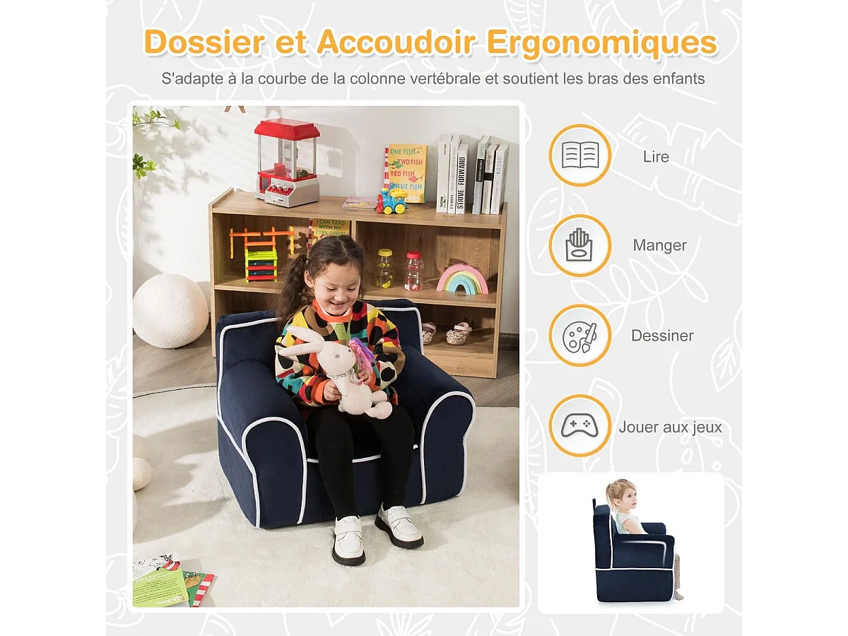 Fauteuil voor kinderen van 0 tot 5 jaar, bank met fluwelen stof en hoogwaardige sponsvulling, kinderstoel voor speelkamer, slaapkamer (marineblauw)