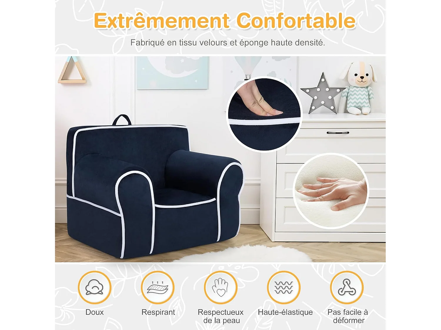 Fauteuil voor kinderen van 0 tot 5 jaar, bank met fluwelen stof en hoogwaardige sponsvulling, kinderstoel voor speelkamer, slaapkamer (marineblauw)