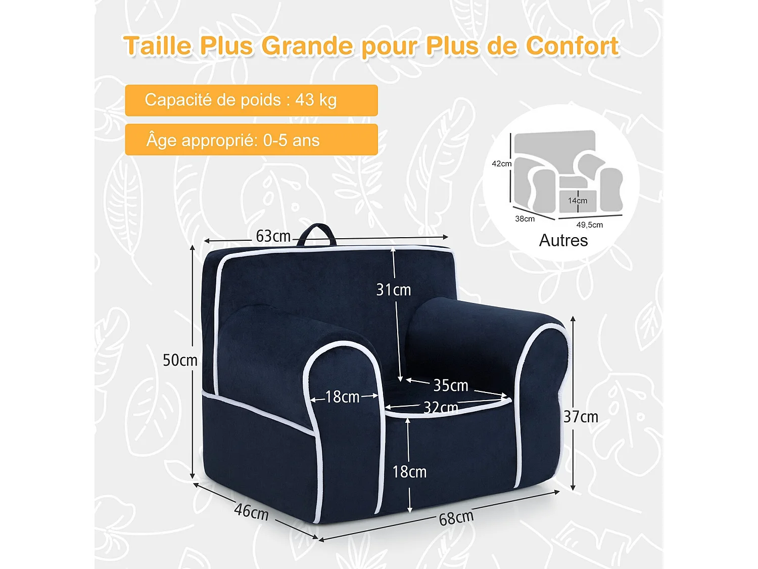 Fauteuil pour Enfant de 0 à 5 Ans, Canapé avec de Tissu en Velours Et Rembourré d’Éponges de Haute Qualité, Chaise enfant Salle de Jeux, Chambre (Bleu Marine)