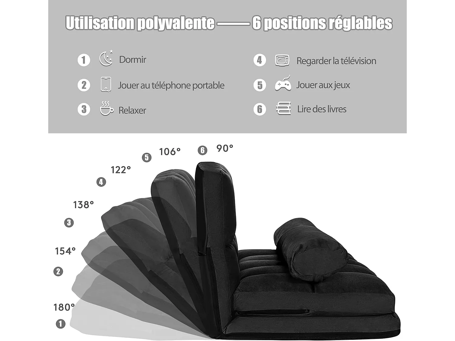 Canapé Convertible 2 Places 113 x 180 CM Dossier Réglable à 6 Positions Housse en Suède Détachable,2 Oreillers Noir