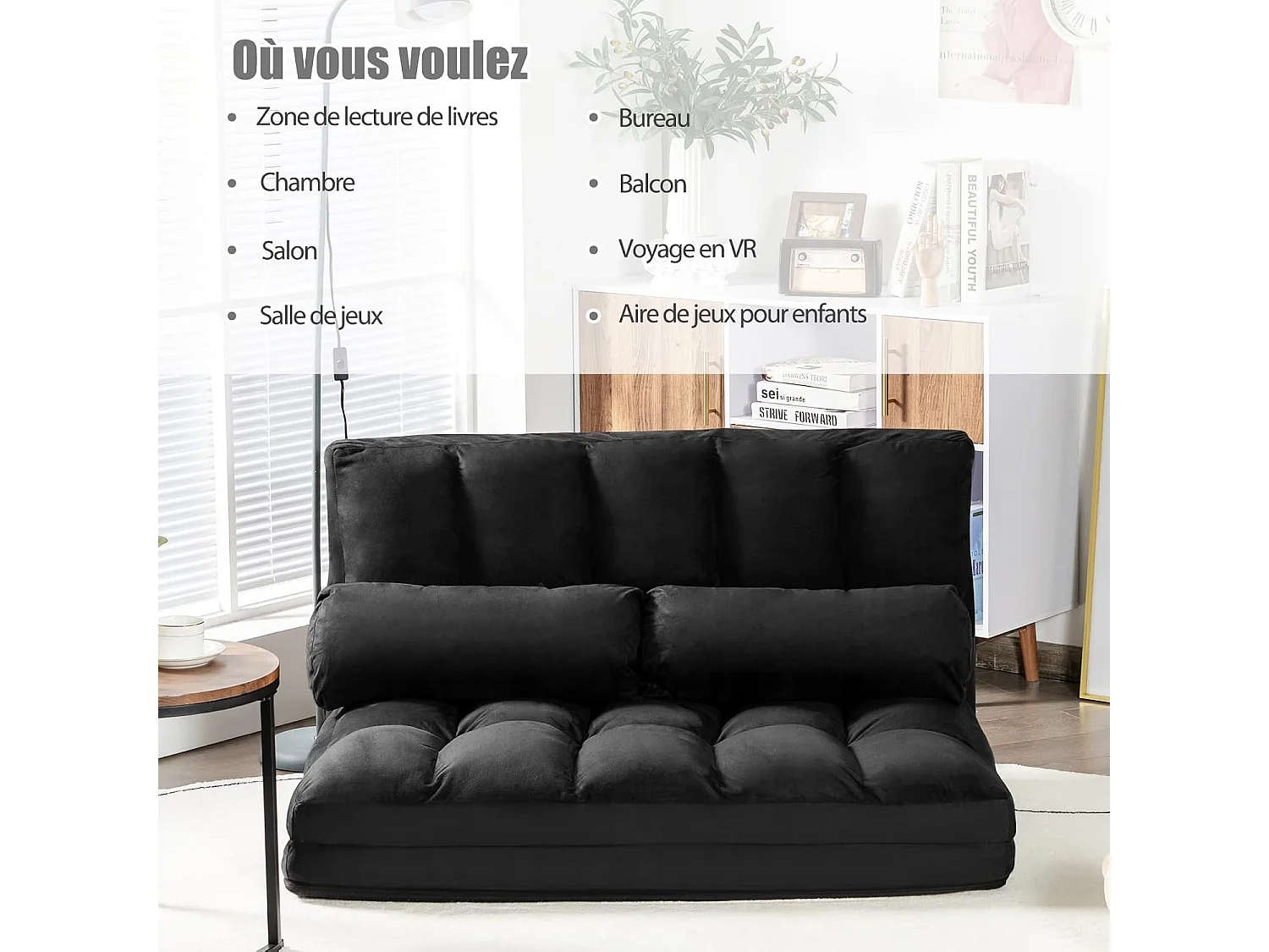 Canapé Convertible 2 Places 113 x 180 CM Dossier Réglable à 6 Positions Housse en Suède Détachable,2 Oreillers Noir