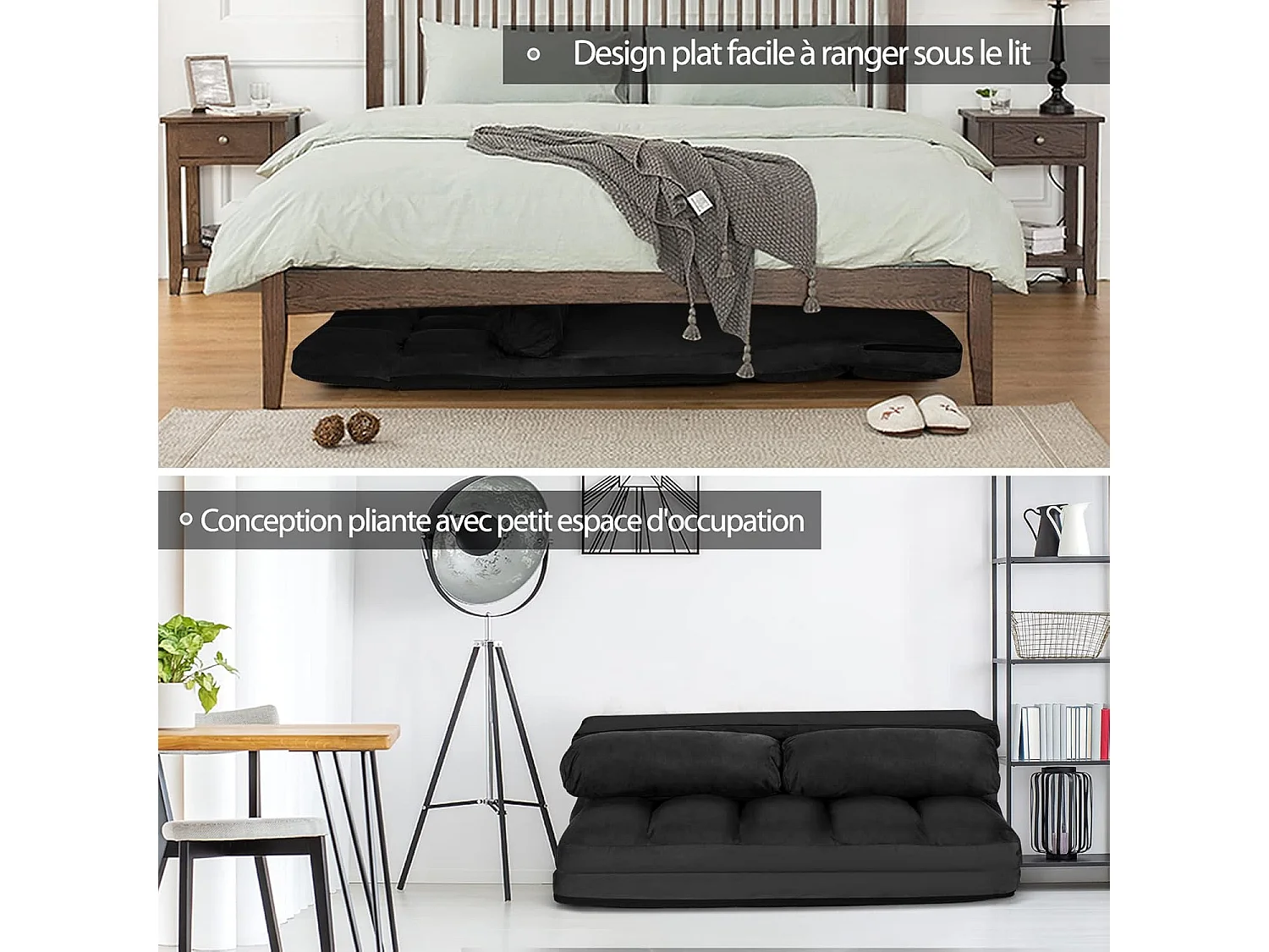 Canapé Convertible 2 Places 113 x 180 CM Dossier Réglable à 6 Positions Housse en Suède Détachable,2 Oreillers Noir