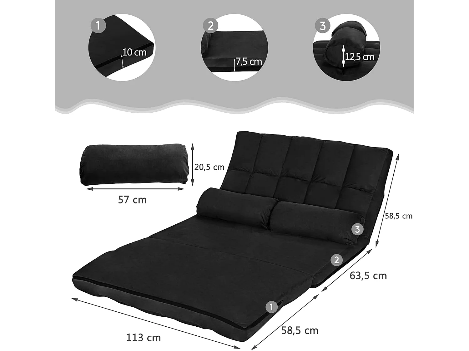 Canapé Convertible 2 Places 113 x 180 CM Dossier Réglable à 6 Positions Housse en Suède Détachable,2 Oreillers Noir