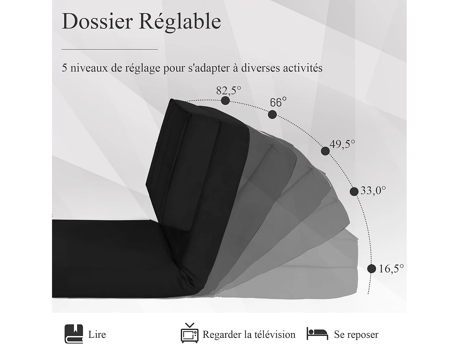 Canapé-Lit Paresseux Pliable 4-en-1 Dossier Ajustable en Daim Doux - Noir - Pour Chambre, Salon, Balcon