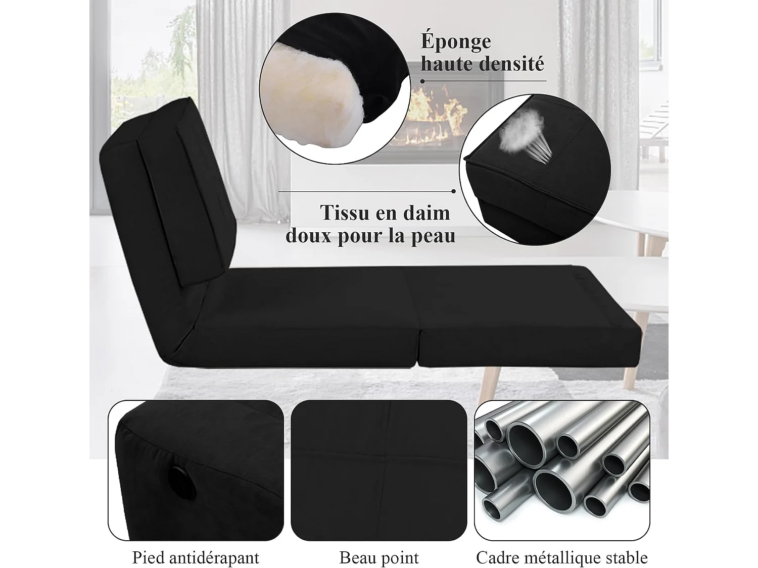 Canapé-Lit Paresseux Pliable 4-en-1 Dossier Ajustable en Daim Doux - Noir - Pour Chambre, Salon, Balcon