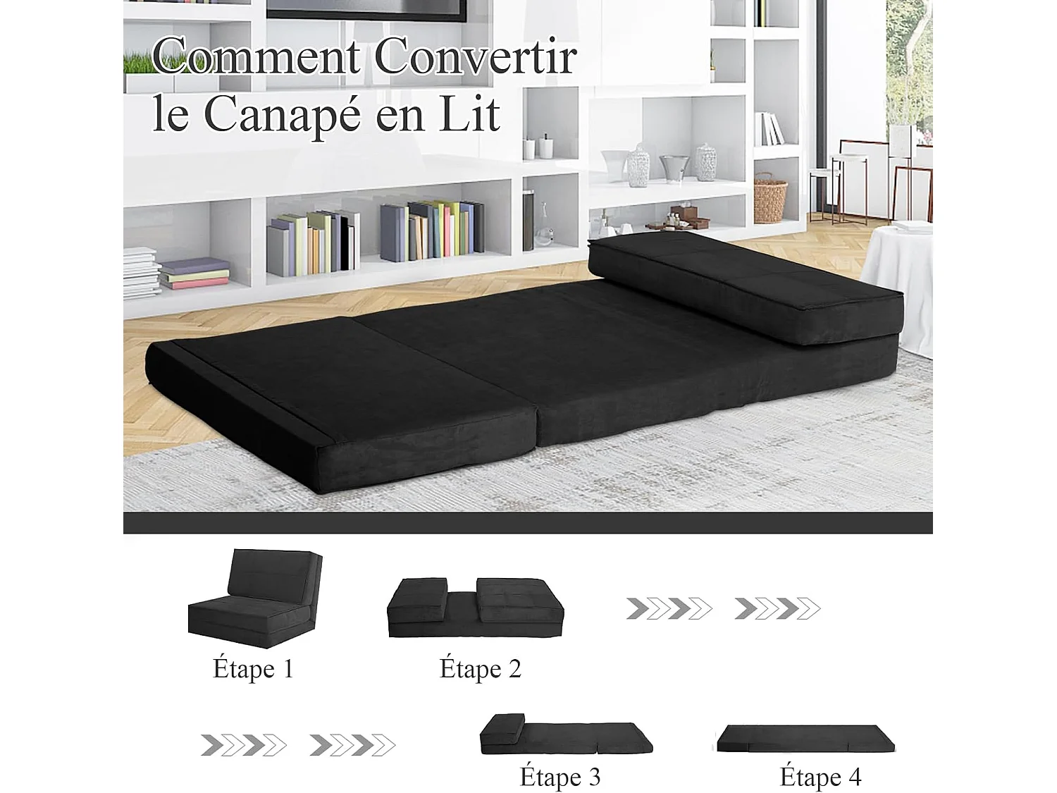 Canapé-Lit Paresseux Pliable 4-en-1 Dossier Ajustable en Daim Doux - Noir - Pour Chambre, Salon, Balcon