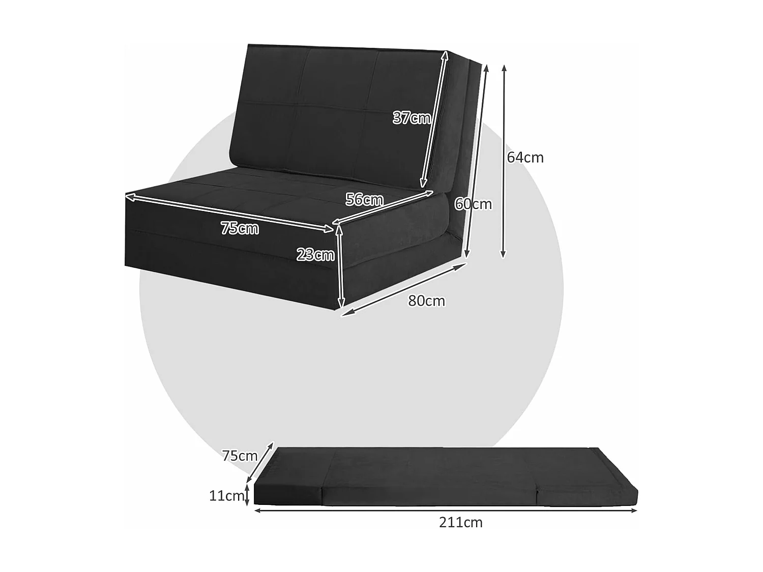 Canapé-Lit Paresseux Pliable 4-en-1 Dossier Ajustable en Daim Doux - Noir - Pour Chambre, Salon, Balcon