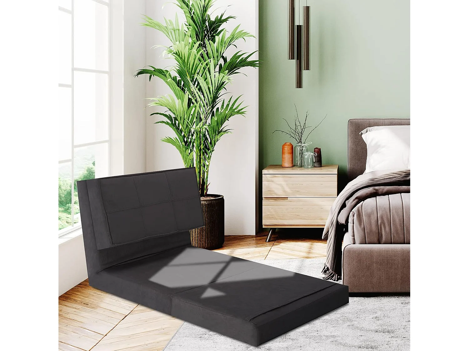 Canapé-Lit Paresseux Pliable 4-en-1 Dossier Ajustable en Daim Doux - Noir - Pour Chambre, Salon, Balcon