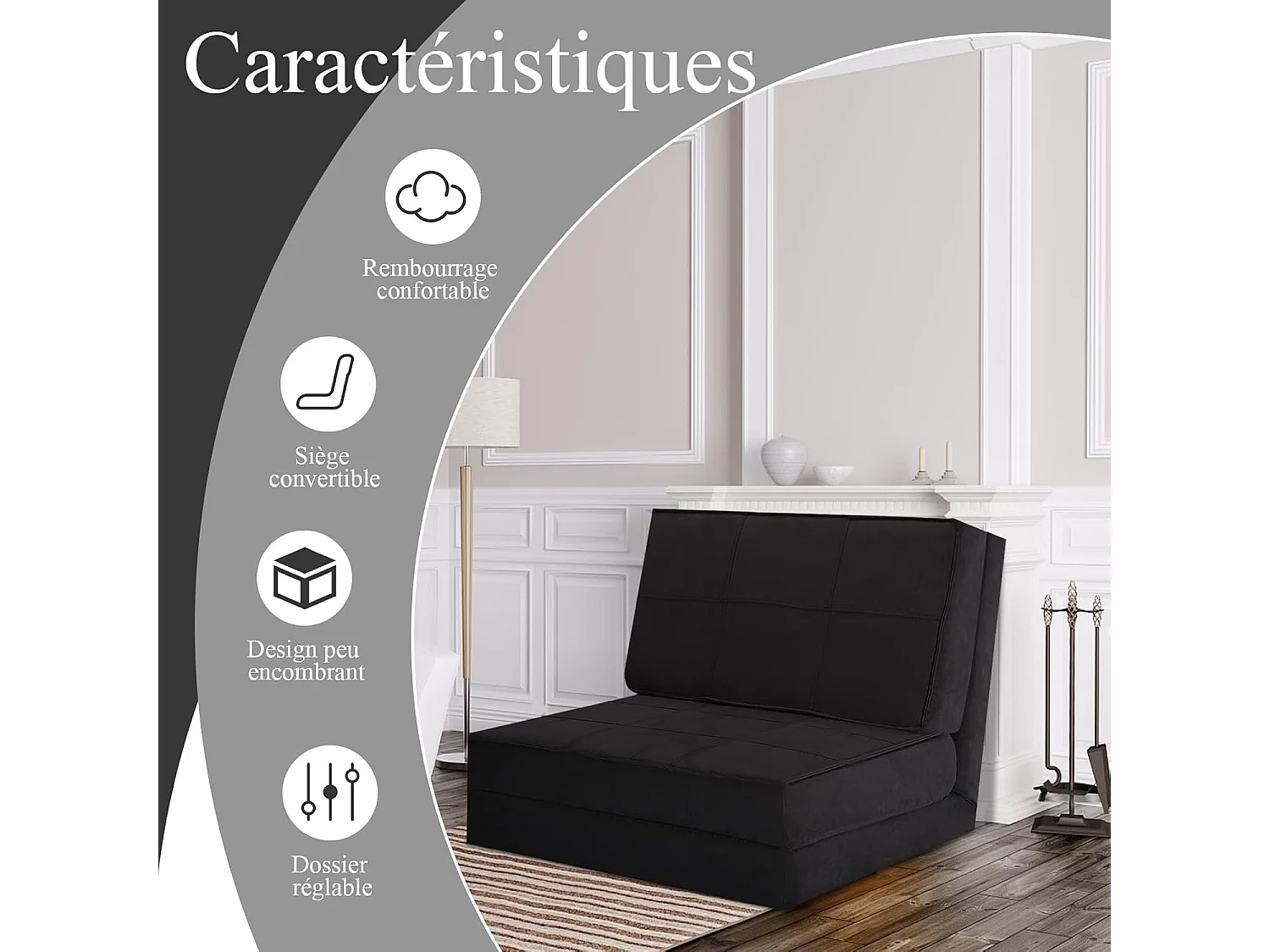 Canapé-Lit Paresseux Pliable 4-en-1 Dossier Ajustable en Daim Doux - Noir - Pour Chambre, Salon, Balcon