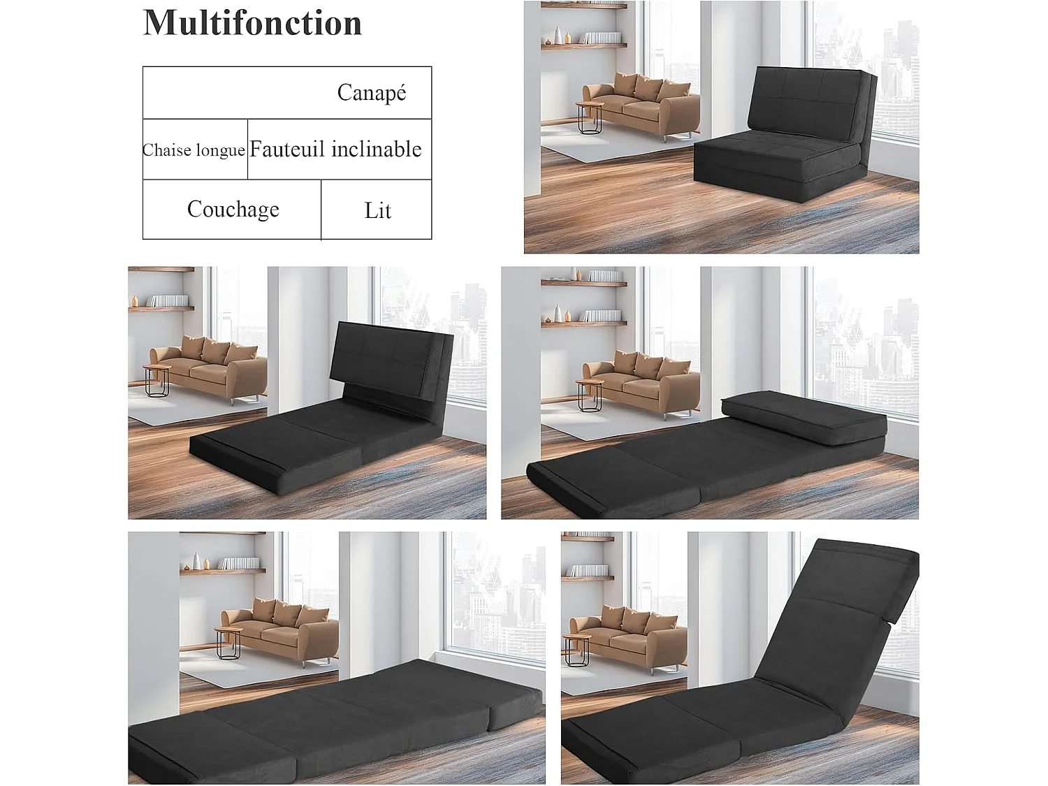 Canapé-Lit Paresseux Pliable 4-en-1 Dossier Ajustable en Daim Doux - Noir - Pour Chambre, Salon, Balcon