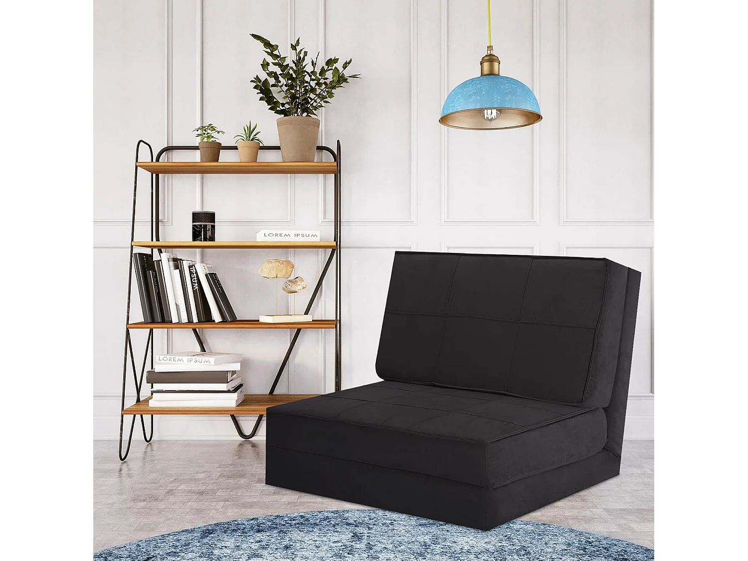 Canapé-Lit Paresseux Pliable 4-en-1 Dossier Ajustable en Daim Doux - Noir - Pour Chambre, Salon, Balcon