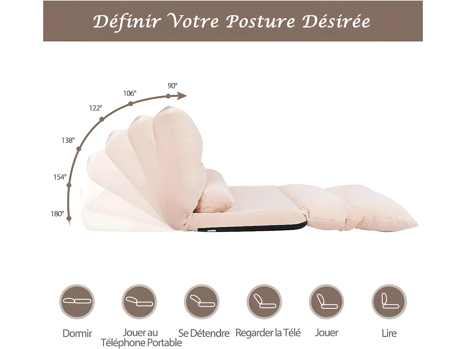 Canapé-lit Paresseux Pliable, Canapé de Sol Réglable 90°-180° à 6 Positions avec 2 Oreillers, en Velours Côtelé, pour Chambre, Salon, Balcon, Charge Max 150KG