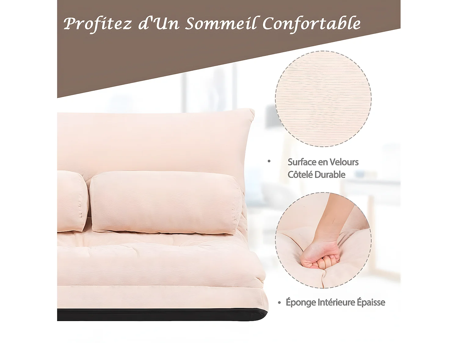 Canapé-lit Paresseux Pliable, Canapé de Sol Réglable 90°-180° à 6 Positions avec 2 Oreillers, en Velours Côtelé, pour Chambre, Salon, Balcon, Charge Max 150KG