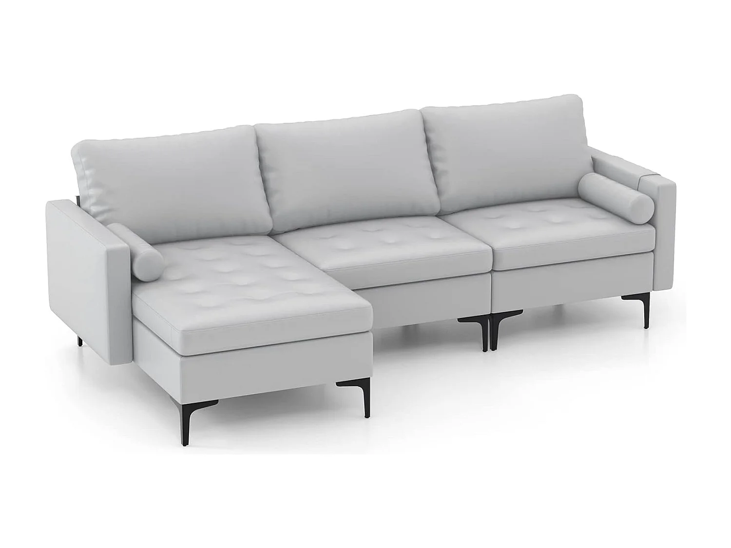 3-zits converteerbare bank, luchtlederen hoekbank met 2 USB-poorten, links of rechts, 3 kussens, 2 kussens, moderne loungestoel voor woonkamer, kantoor