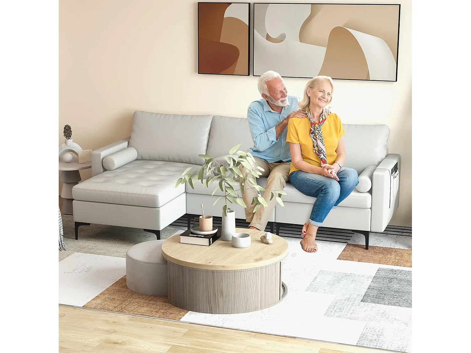 3-zits converteerbare bank, luchtlederen hoekbank met 2 USB-poorten, links of rechts, 3 kussens, 2 kussens, moderne loungestoel voor woonkamer, kantoor