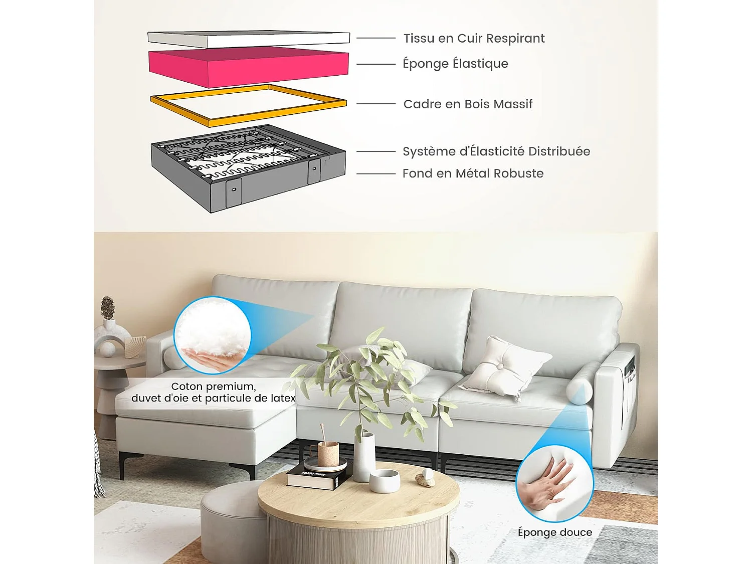 3-zits converteerbare bank, luchtlederen hoekbank met 2 USB-poorten, links of rechts, 3 kussens, 2 kussens, moderne loungestoel voor woonkamer, kantoor