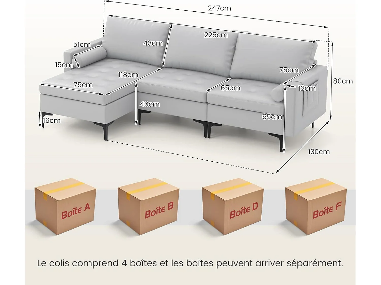 3-zits converteerbare bank, luchtlederen hoekbank met 2 USB-poorten, links of rechts, 3 kussens, 2 kussens, moderne loungestoel voor woonkamer, kantoor