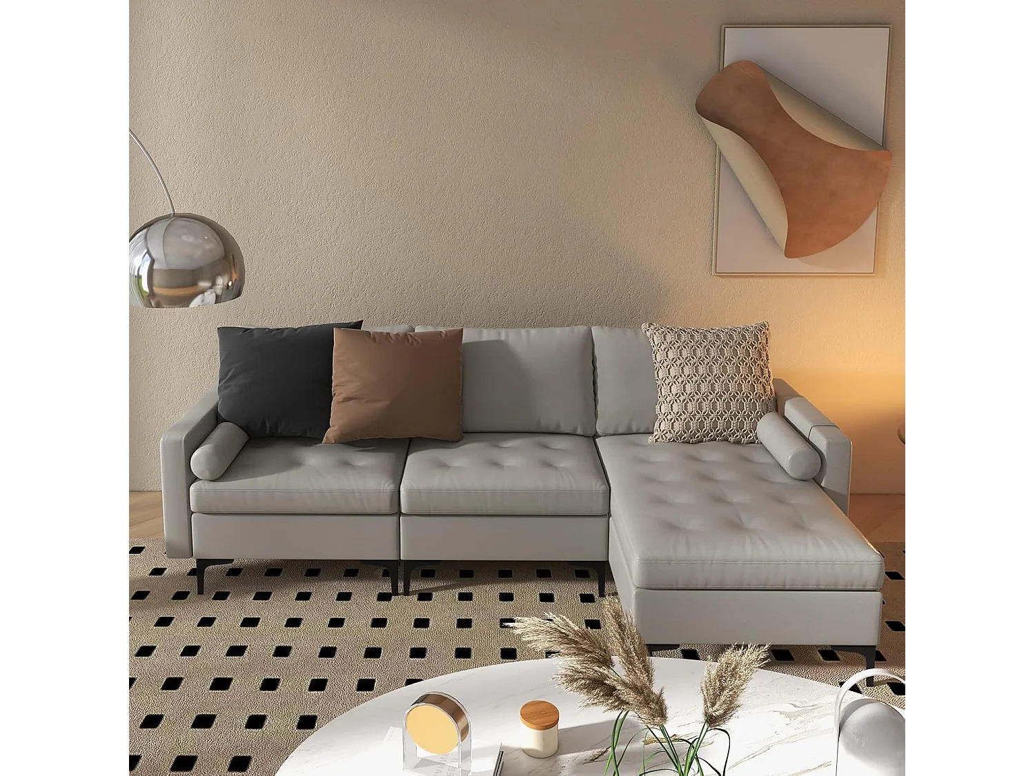 3-zits converteerbare bank, luchtlederen hoekbank met 2 USB-poorten, links of rechts, 3 kussens, 2 kussens, moderne loungestoel voor woonkamer, kantoor