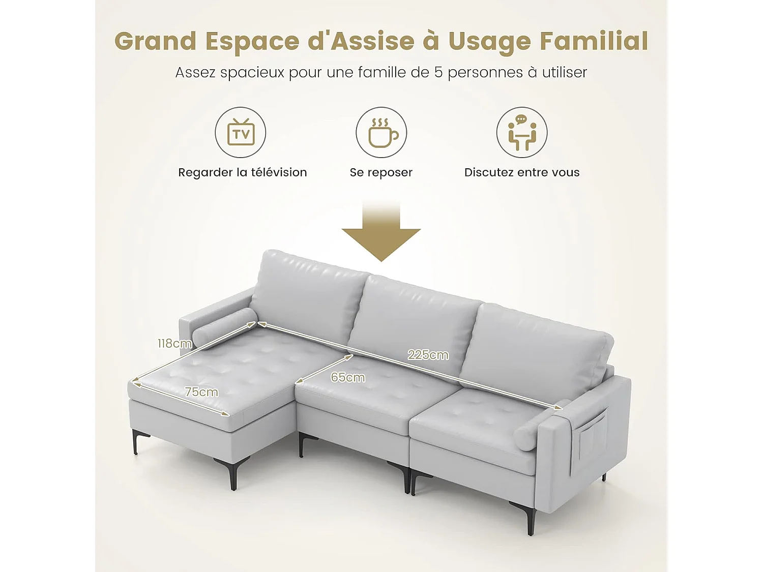 Canapé Convertible à 3 Places, Canapé d'angle en Cuir Aérien avec 2 Ports USB, Gauche ou Droite, 3 Coussins, 2 Traversins, Chaise Longue Moderne pour Salon, Bureau