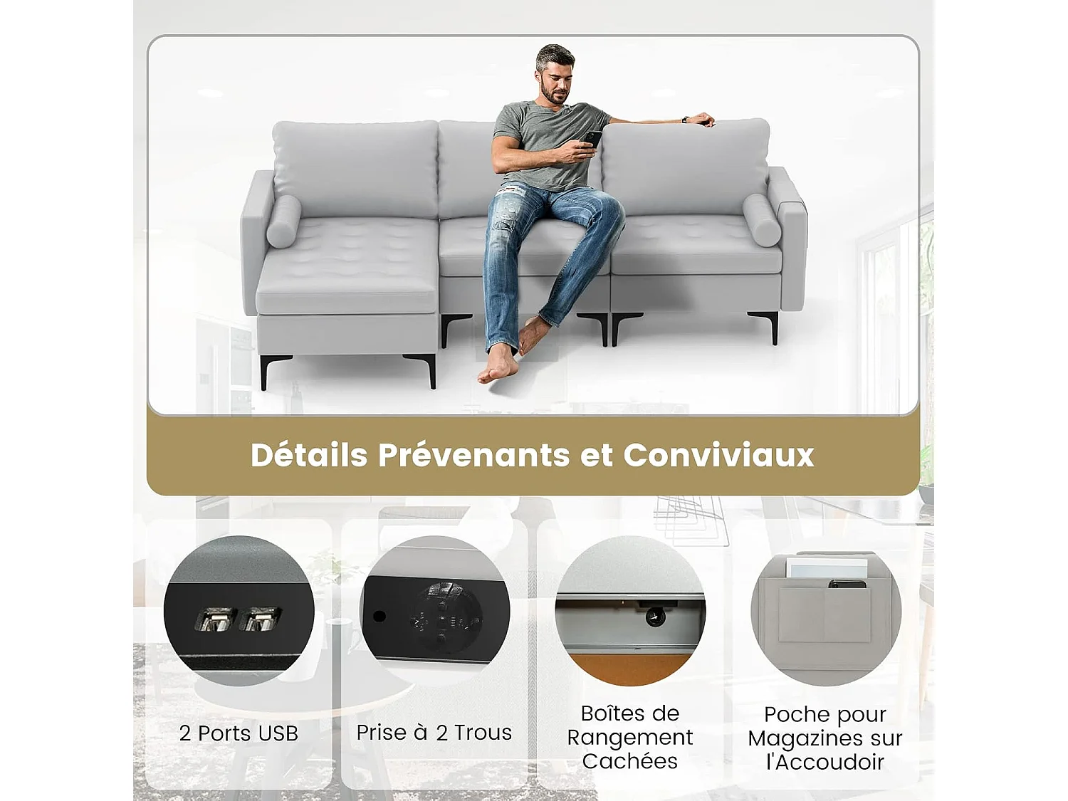 Canapé Convertible à 3 Places, Canapé d'angle en Cuir Aérien avec 2 Ports USB, Gauche ou Droite, 3 Coussins, 2 Traversins, Chaise Longue Moderne pour Salon, Bureau