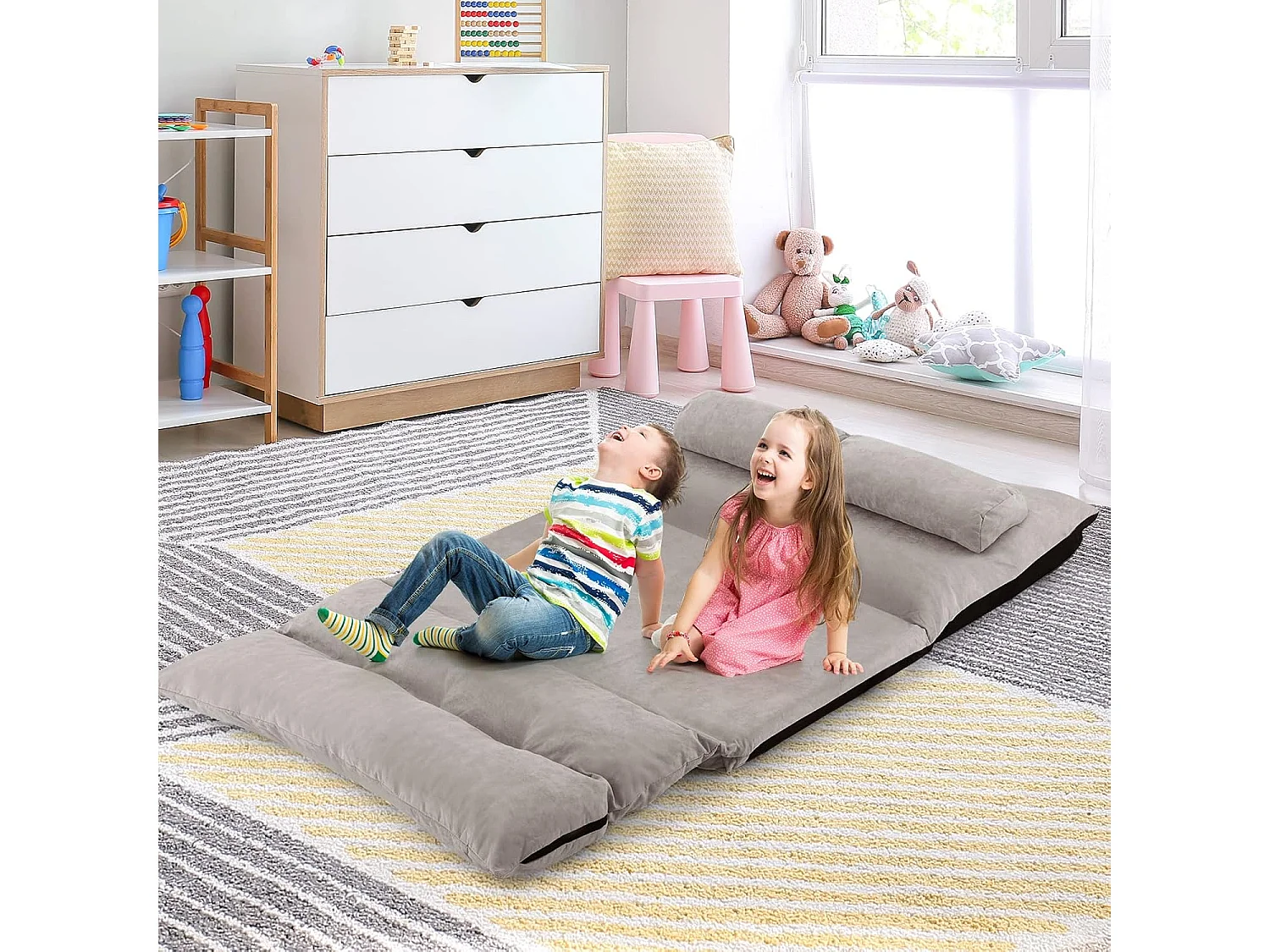 Canapé-lit Paresseux Pliable, Canapé Convertible avec Dossier Réglable à 42 Positions, Chauffeuse avec 2 Oreillers, pour Salon, Chambre, Balcon (Gris)