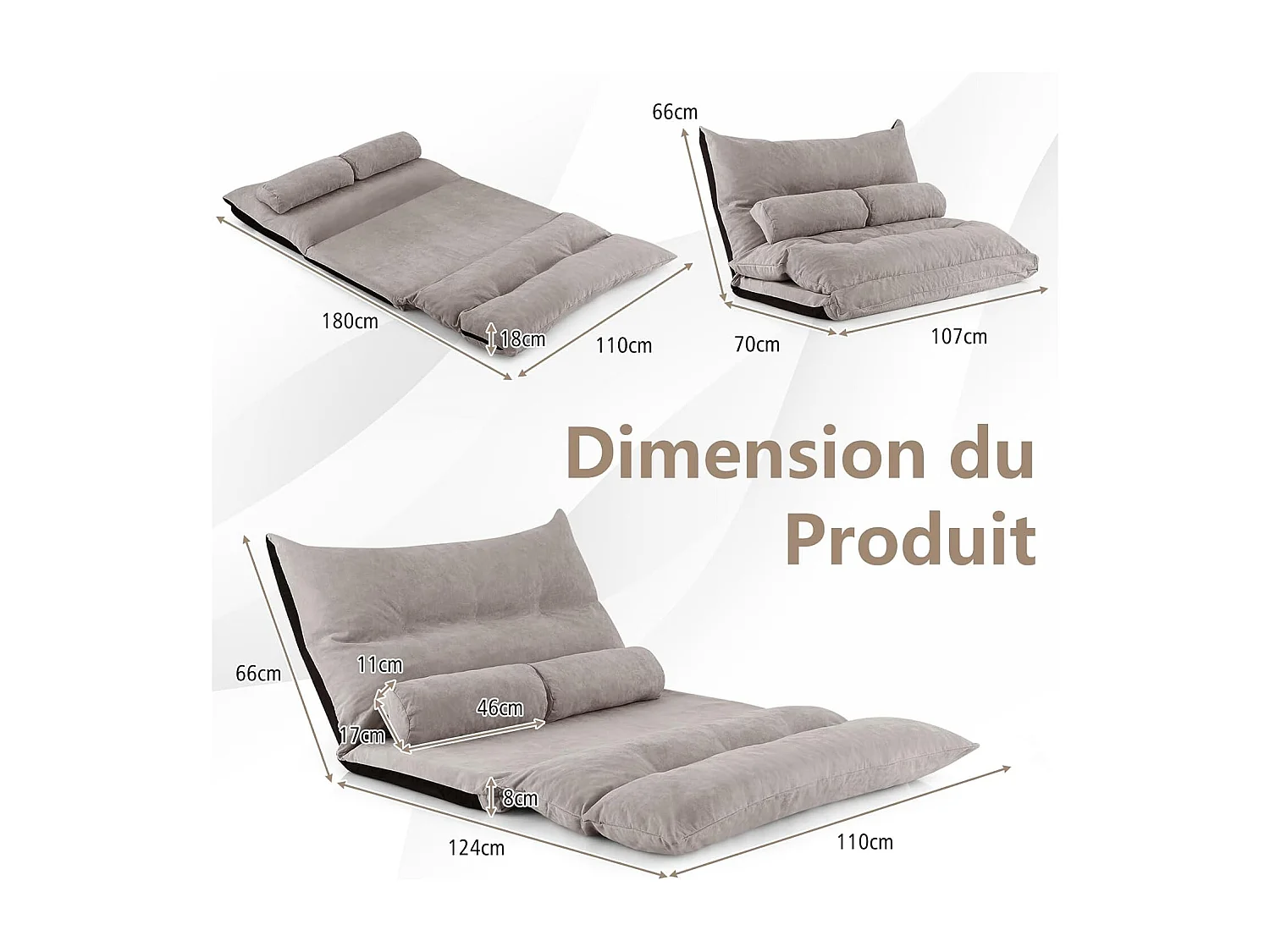 Canapé-lit Paresseux Pliable, Canapé Convertible avec Dossier Réglable à 42 Positions, Chauffeuse avec 2 Oreillers, pour Salon, Chambre, Balcon (Gris)