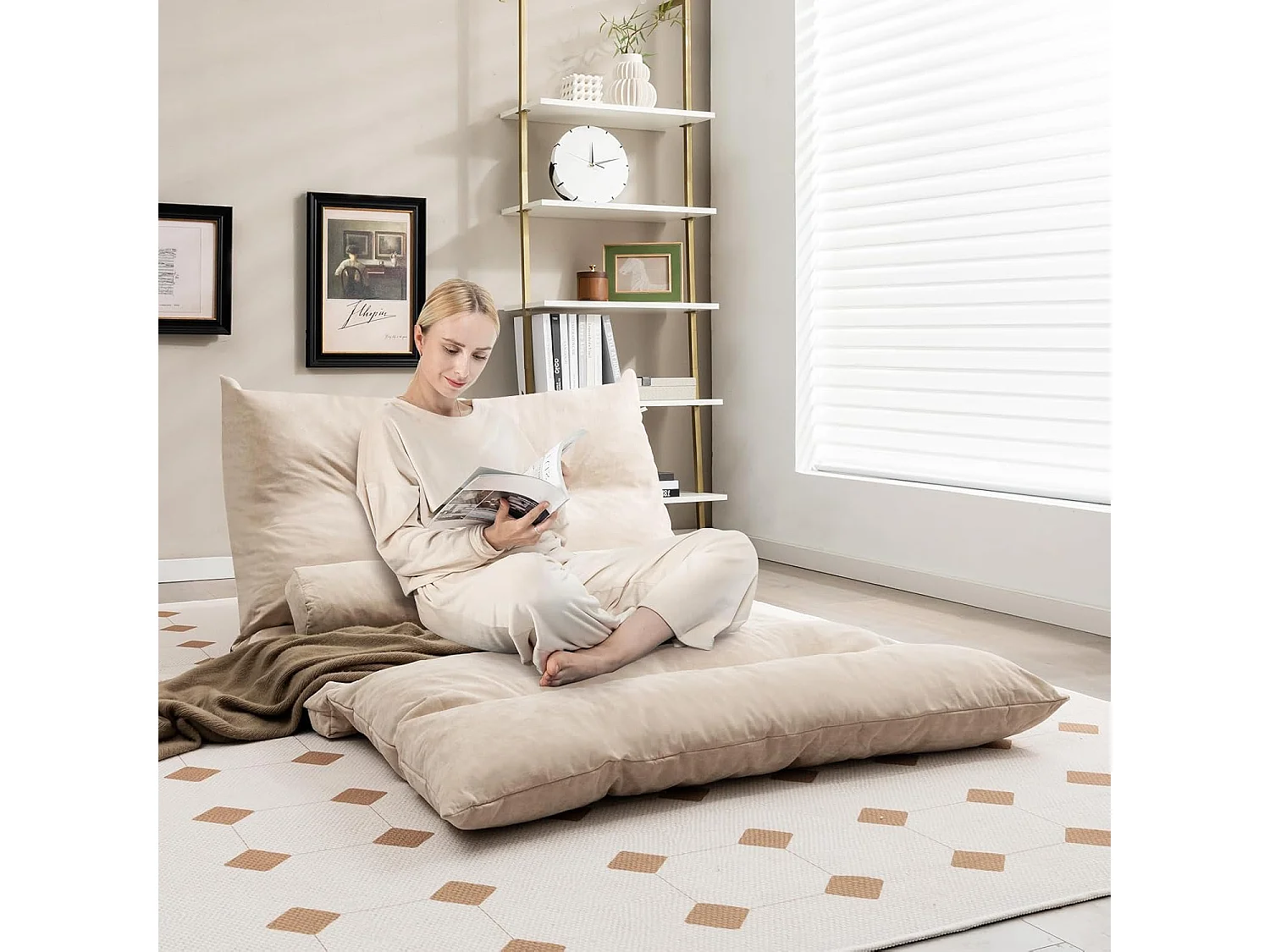 Canapé-lit Paresseux Pliable, Canapé Convertible avec Dossier Réglable à 42 Positions, Chauffeuse avec 2 Oreillers, pour Salon, Chambre, Balcon (Beige)