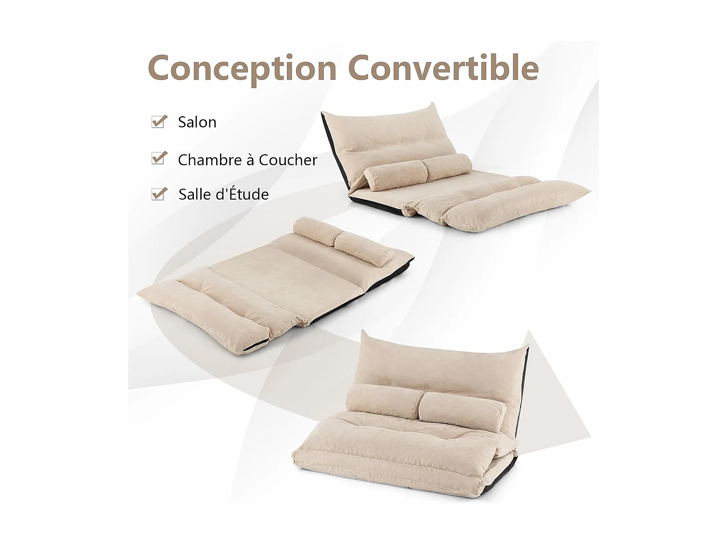 Canapé-lit Paresseux Pliable, Canapé Convertible avec Dossier Réglable à 42 Positions, Chauffeuse avec 2 Oreillers, pour Salon, Chambre, Balcon (Beige)