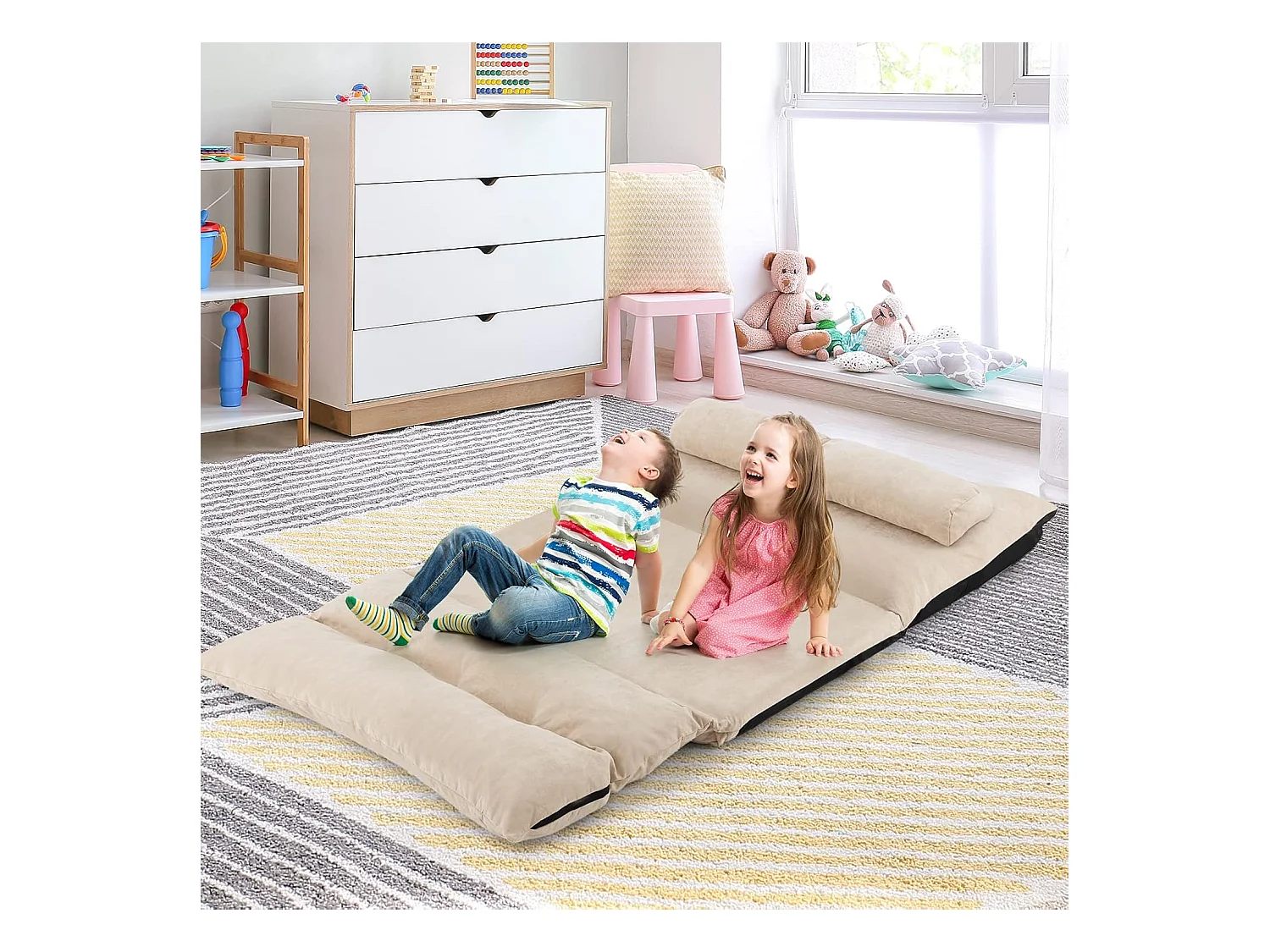 Canapé-lit Paresseux Pliable, Canapé Convertible avec Dossier Réglable à 42 Positions, Chauffeuse avec 2 Oreillers, pour Salon, Chambre, Balcon (Beige)