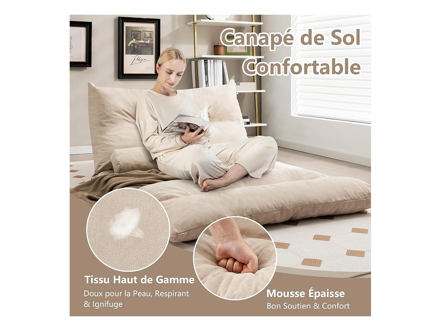 Canapé-lit Paresseux Pliable, Canapé Convertible avec Dossier Réglable à 42 Positions, Chauffeuse avec 2 Oreillers, pour Salon, Chambre, Balcon (Beige)