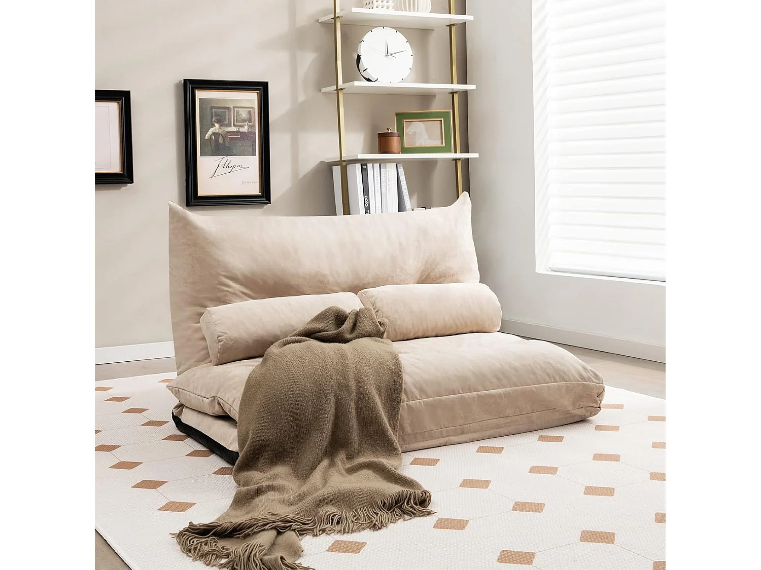 Canapé-lit Paresseux Pliable, Canapé Convertible avec Dossier Réglable à 42 Positions, Chauffeuse avec 2 Oreillers, pour Salon, Chambre, Balcon (Beige)