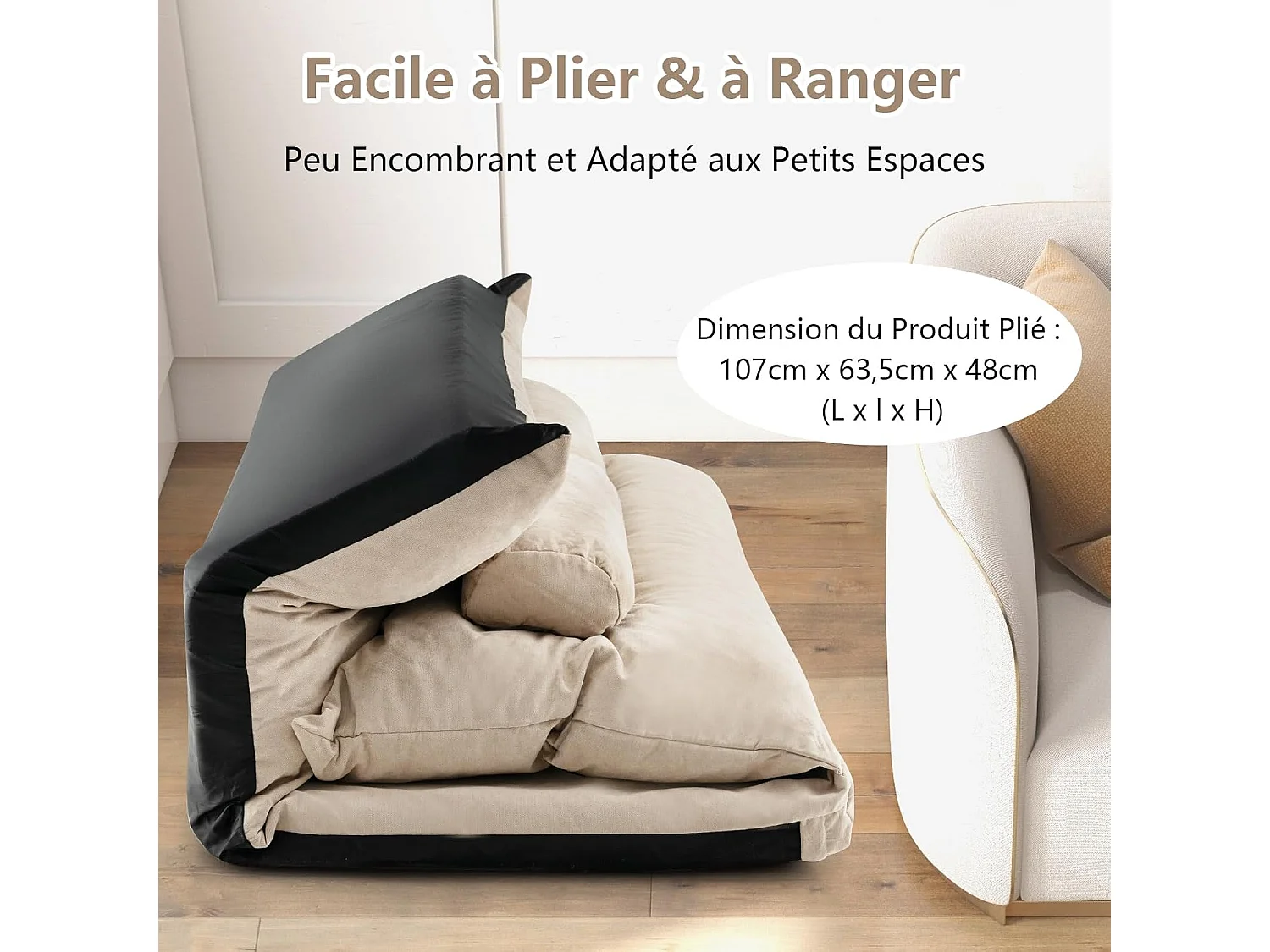 Canapé-lit Paresseux Pliable, Canapé Convertible avec Dossier Réglable à 42 Positions, Chauffeuse avec 2 Oreillers, pour Salon, Chambre, Balcon (Beige)