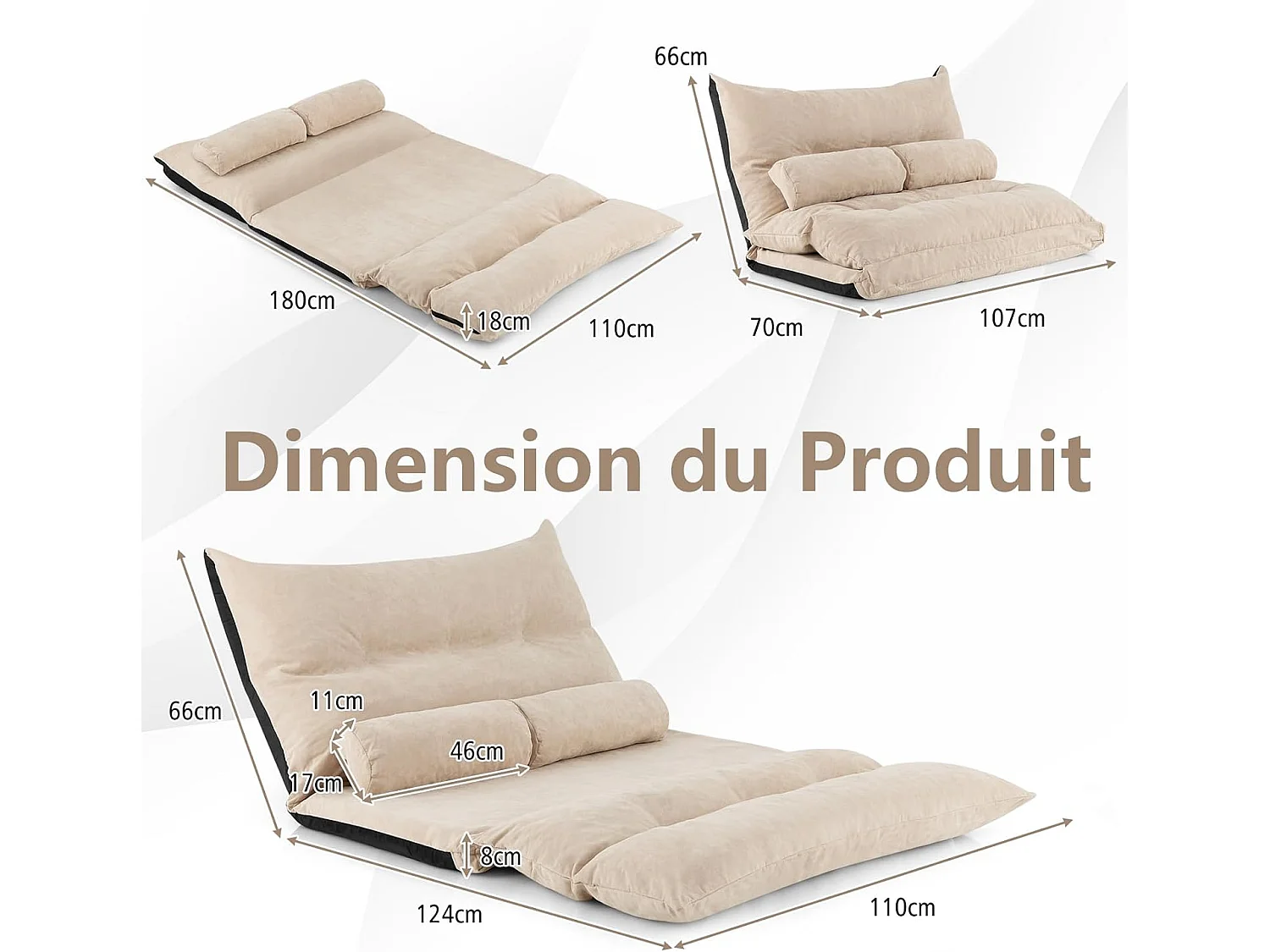 Canapé-lit Paresseux Pliable, Canapé Convertible avec Dossier Réglable à 42 Positions, Chauffeuse avec 2 Oreillers, pour Salon, Chambre, Balcon (Beige)