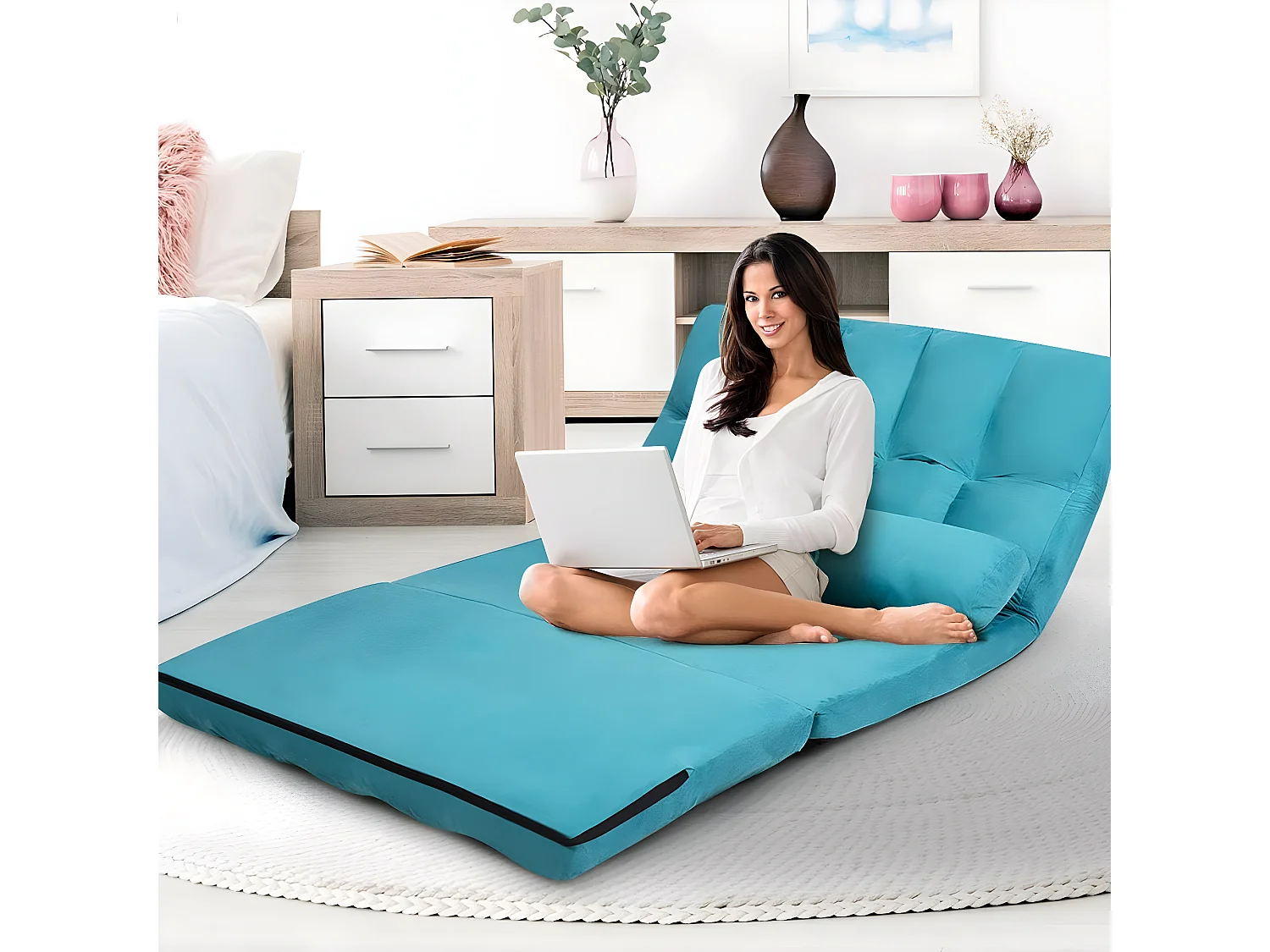 Canapé Convertible 2 Place 113 x 180 CM Dossier Réglable à 6 Positions Housse en Suède Détachable , 2 Oreillers Bleu