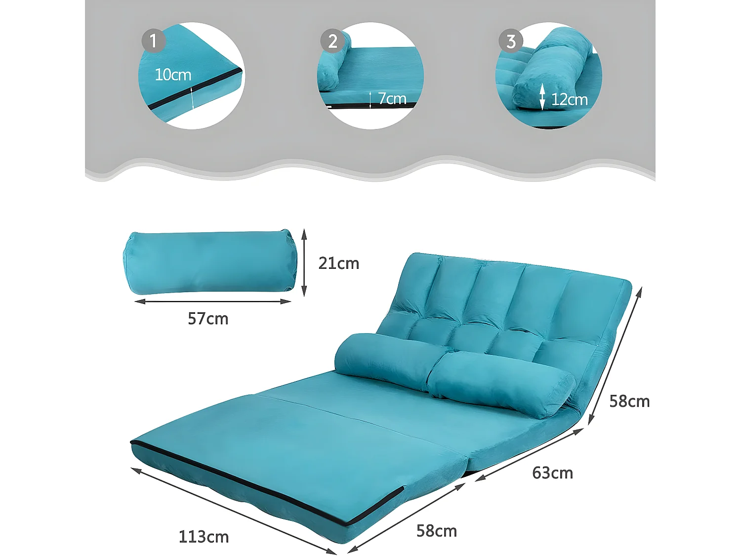 Canapé Convertible 2 Place 113 x 180 CM Dossier Réglable à 6 Positions Housse en Suède Détachable , 2 Oreillers Bleu