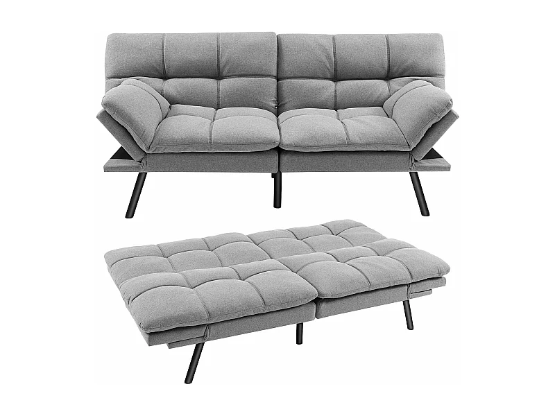 Canapé-Lit Convertible 5 en 1 avec Dossier et Accoudoirs Réglables, Canapé Futon 3 Places en Mousse à Mémoire, Pieds Métalliques, Charge 273 KG, Gris