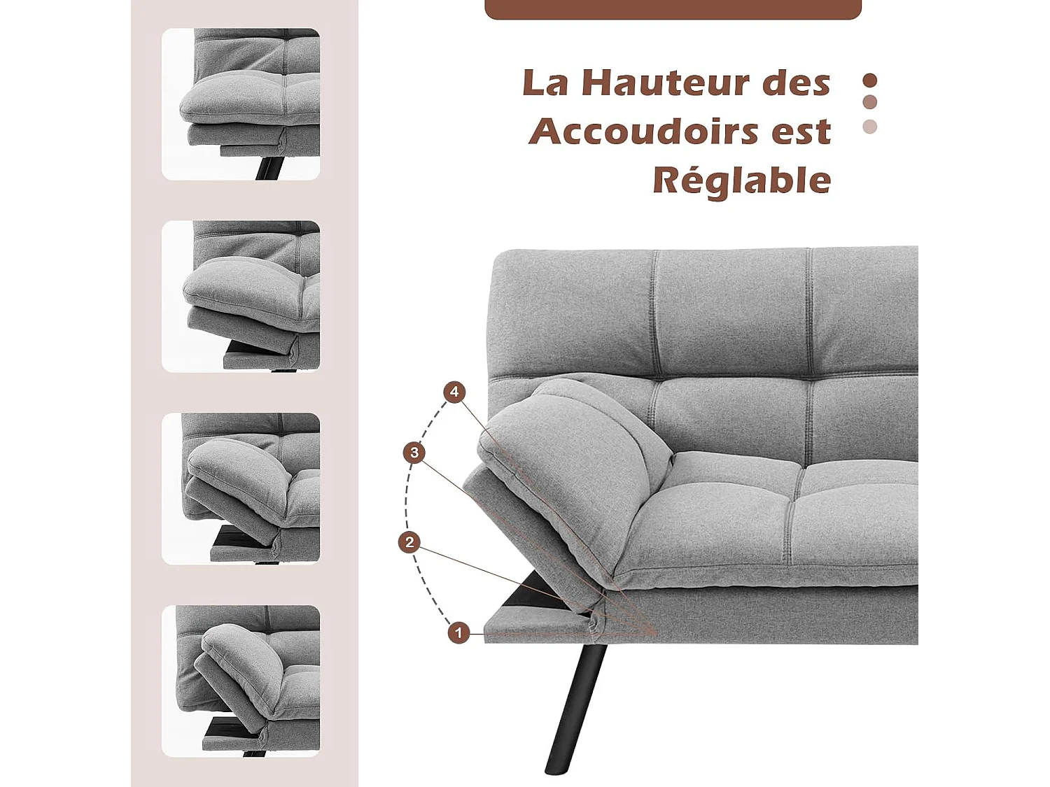 Canapé-Lit Convertible 5 en 1 avec Dossier et Accoudoirs Réglables, Canapé Futon 3 Places en Mousse à Mémoire, Pieds Métalliques, Charge 273 KG, Gris
