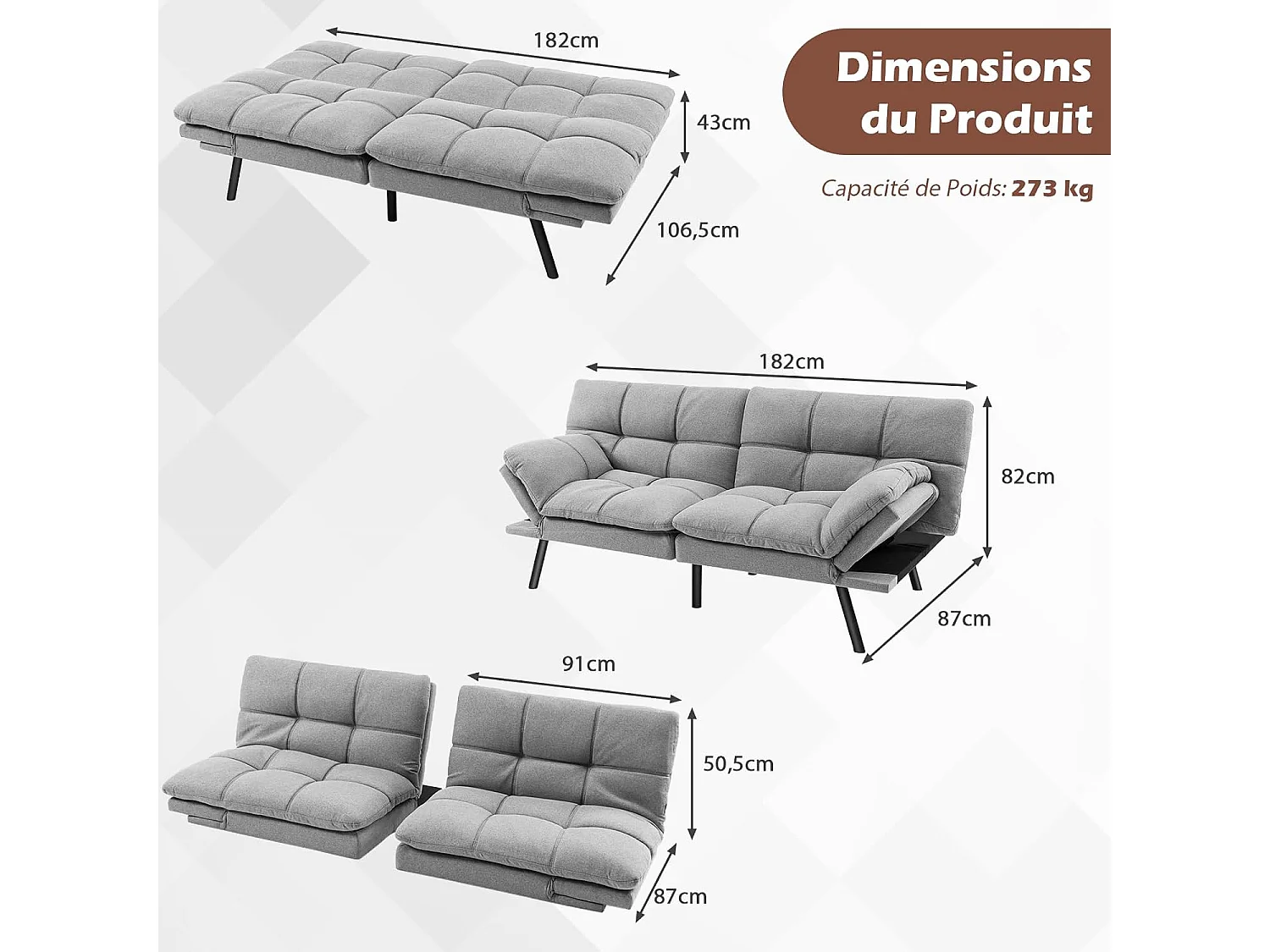 Canapé-Lit Convertible 5 en 1 avec Dossier et Accoudoirs Réglables, Canapé Futon 3 Places en Mousse à Mémoire, Pieds Métalliques, Charge 273 KG, Gris