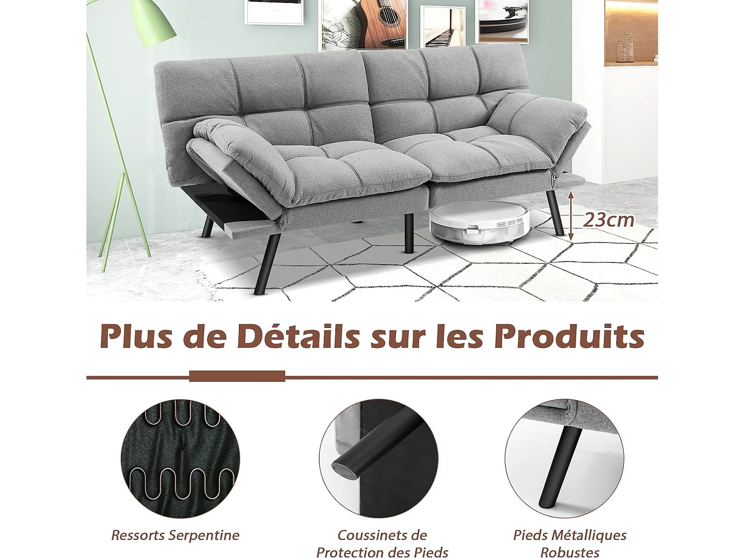 Canapé-Lit Convertible 5 en 1 avec Dossier et Accoudoirs Réglables, Canapé Futon 3 Places en Mousse à Mémoire, Pieds Métalliques, Charge 273 KG, Gris