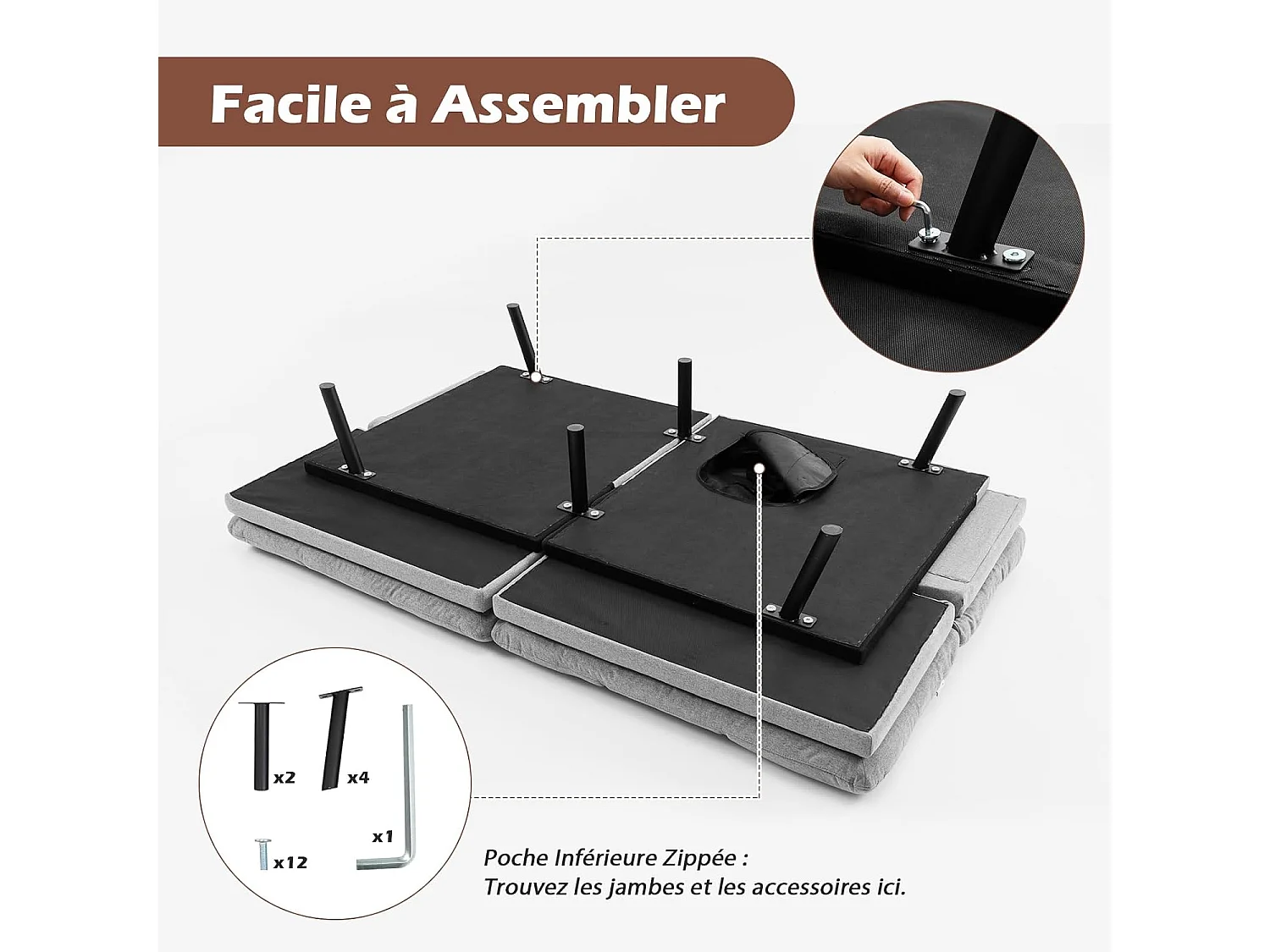 Canapé-Lit Convertible 5 en 1 avec Dossier et Accoudoirs Réglables, Canapé Futon 3 Places en Mousse à Mémoire, Pieds Métalliques, Charge 273 KG, Gris