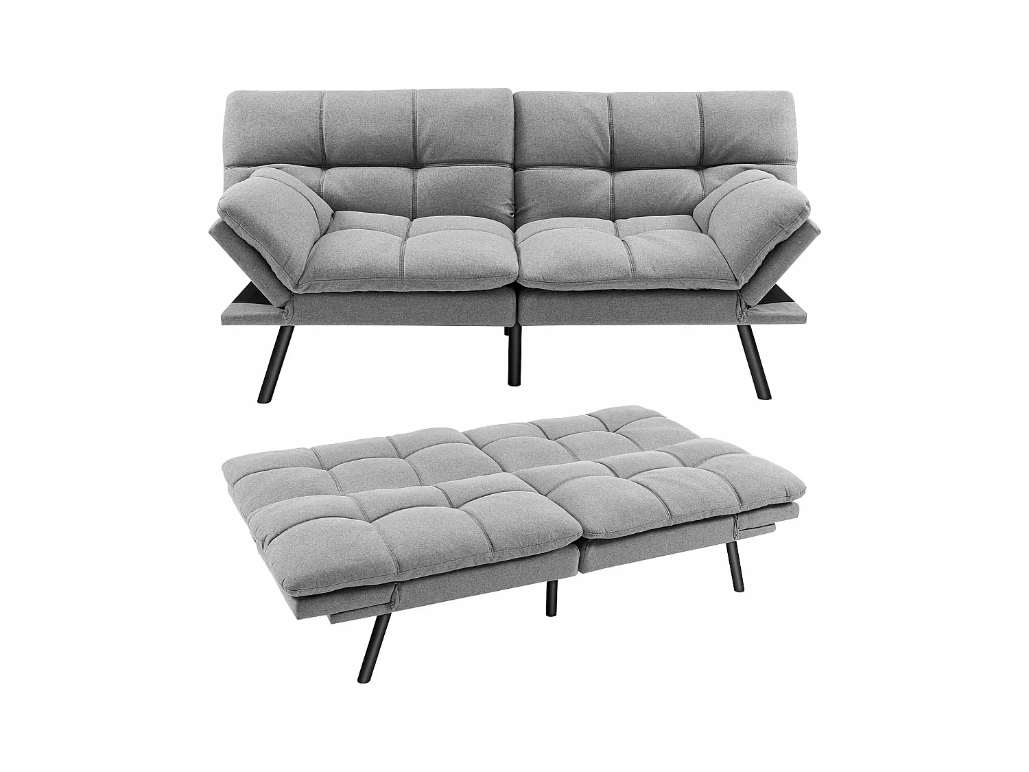 Canapé-Lit Convertible 5 en 1 avec Dossier et Accoudoirs Réglables, Canapé Futon 3 Places en Mousse à Mémoire, Pieds Métalliques, Charge 273 KG, Gris