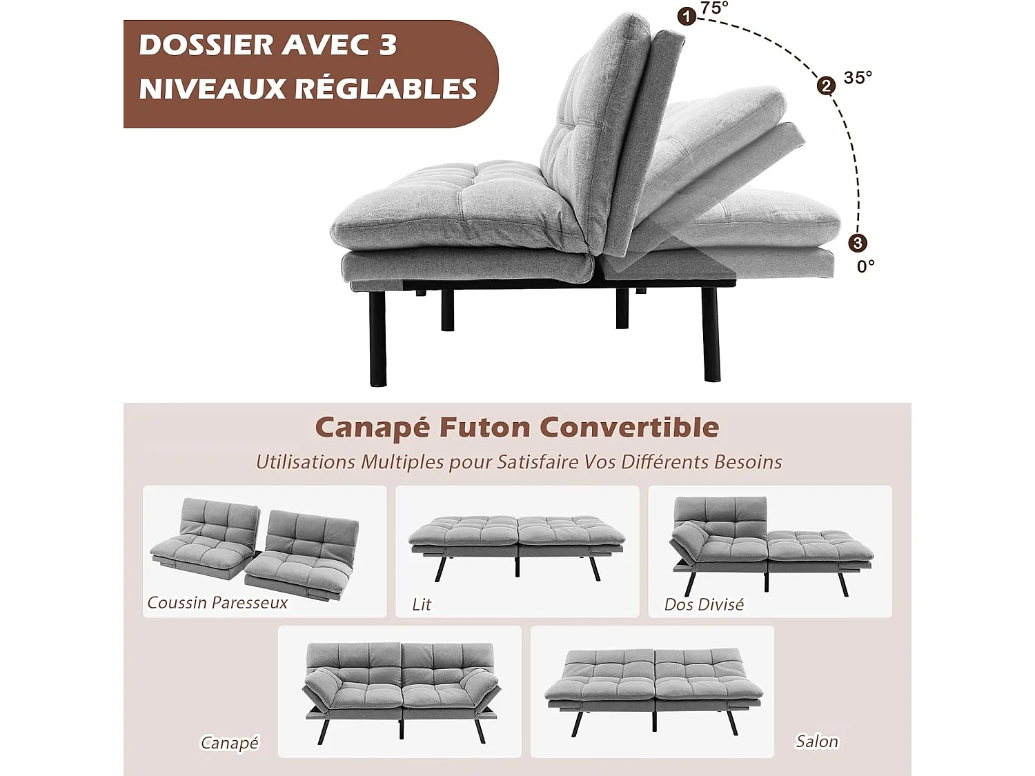 Canapé-Lit Convertible 5 en 1 avec Dossier et Accoudoirs Réglables, Canapé Futon 3 Places en Mousse à Mémoire, Pieds Métalliques, Charge 273 KG, Gris