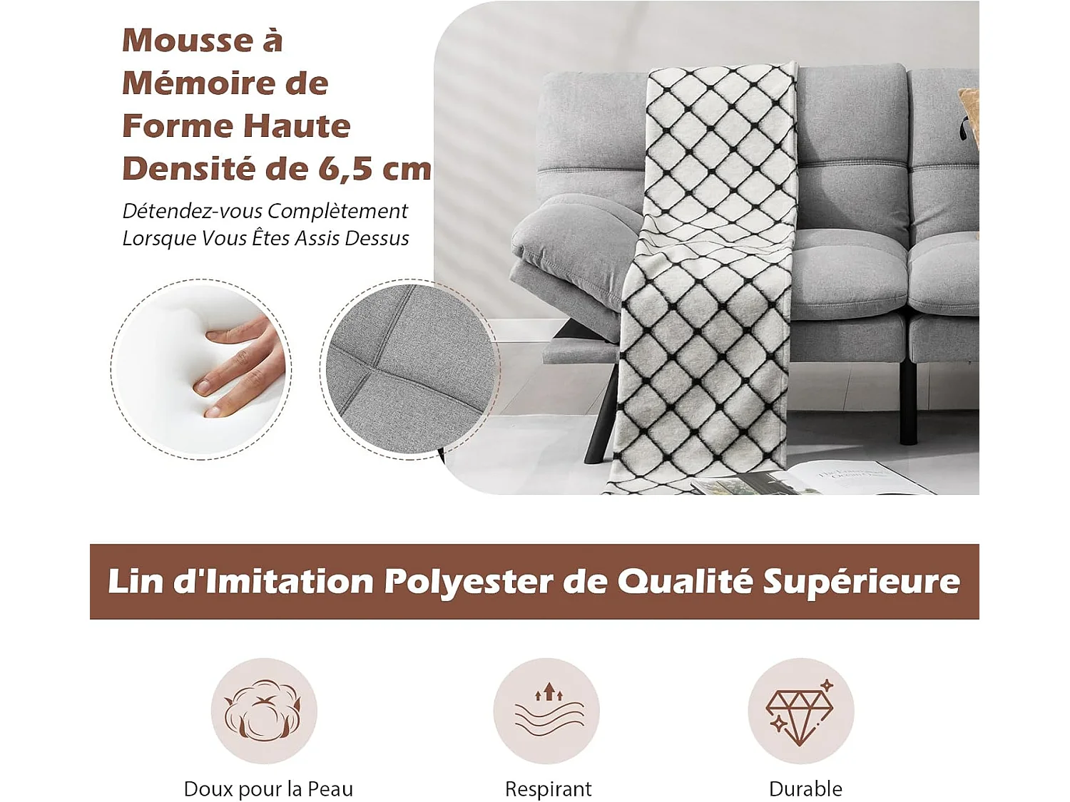 Canapé-Lit Convertible 5 en 1 avec Dossier et Accoudoirs Réglables, Canapé Futon 3 Places en Mousse à Mémoire, Pieds Métalliques, Charge 273 KG, Gris